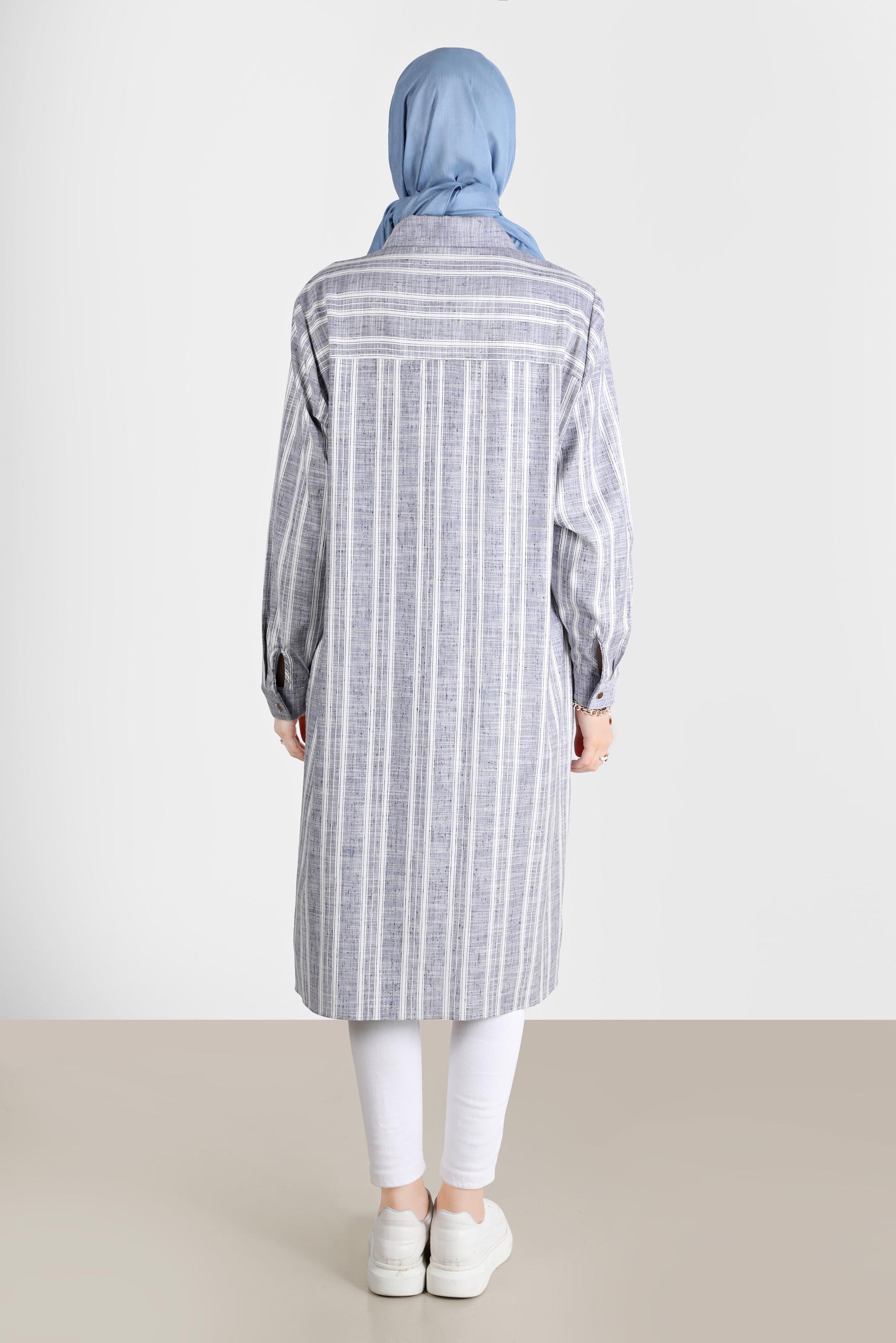 Tesettür giyim LACİVERT ÇİZGİLİ CEPLİ TUNİK 42704 