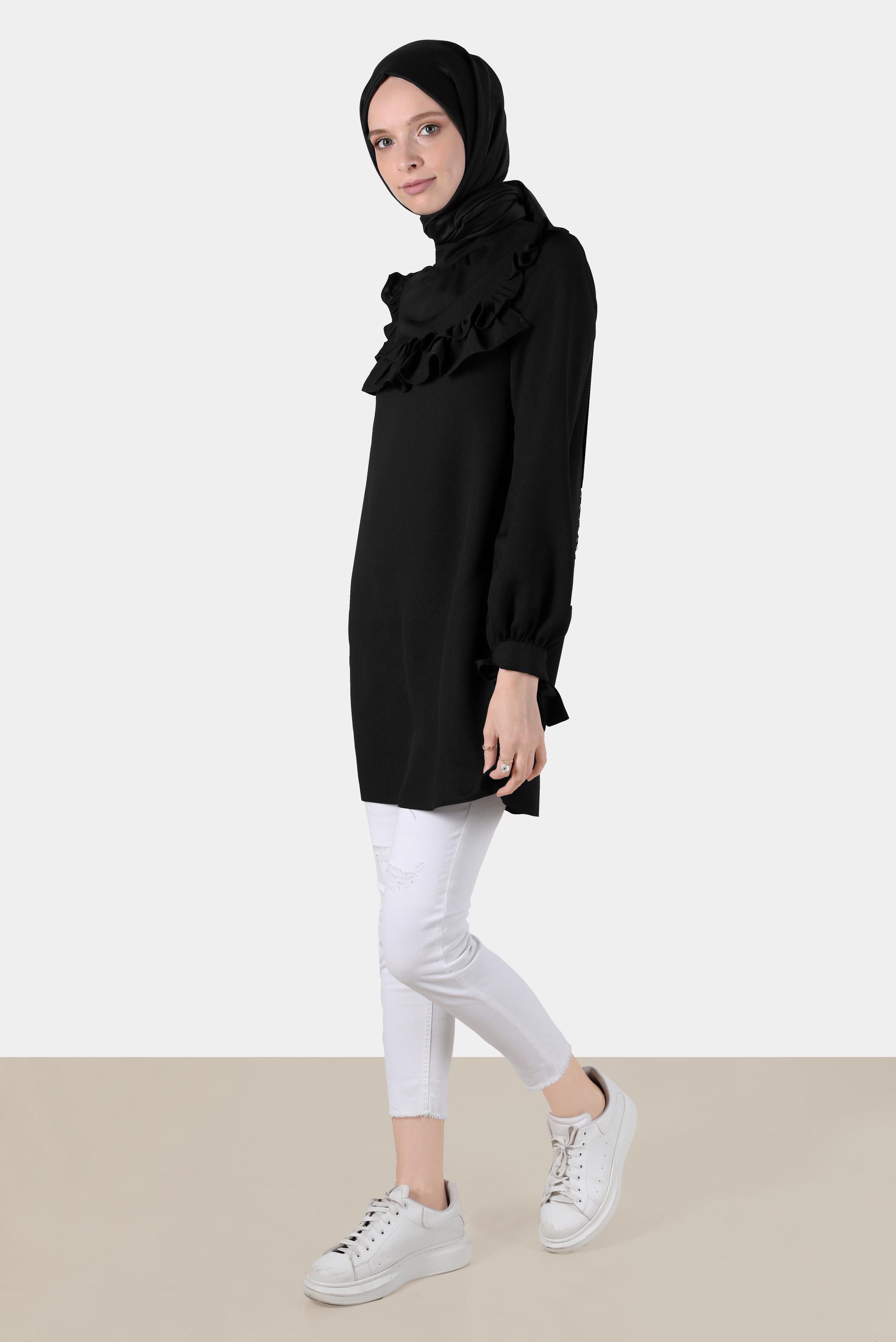 Tesettür giyim SİYAH MANŞETLERİ BAĞLAMALI FIRFIRLI TUNİK 42718 