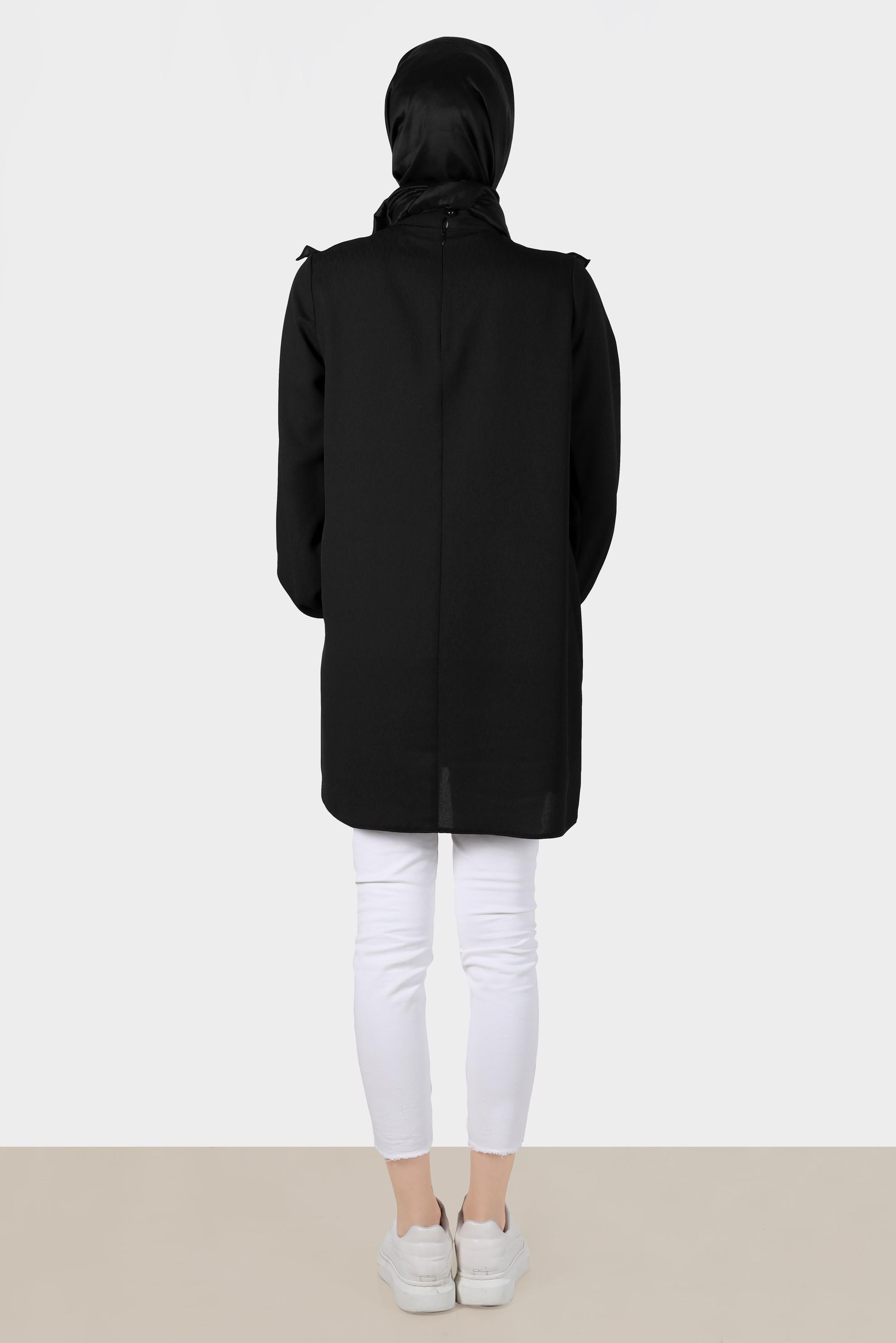 Tesettür giyim SİYAH MANŞETLERİ BAĞLAMALI FIRFIRLI TUNİK 42718 