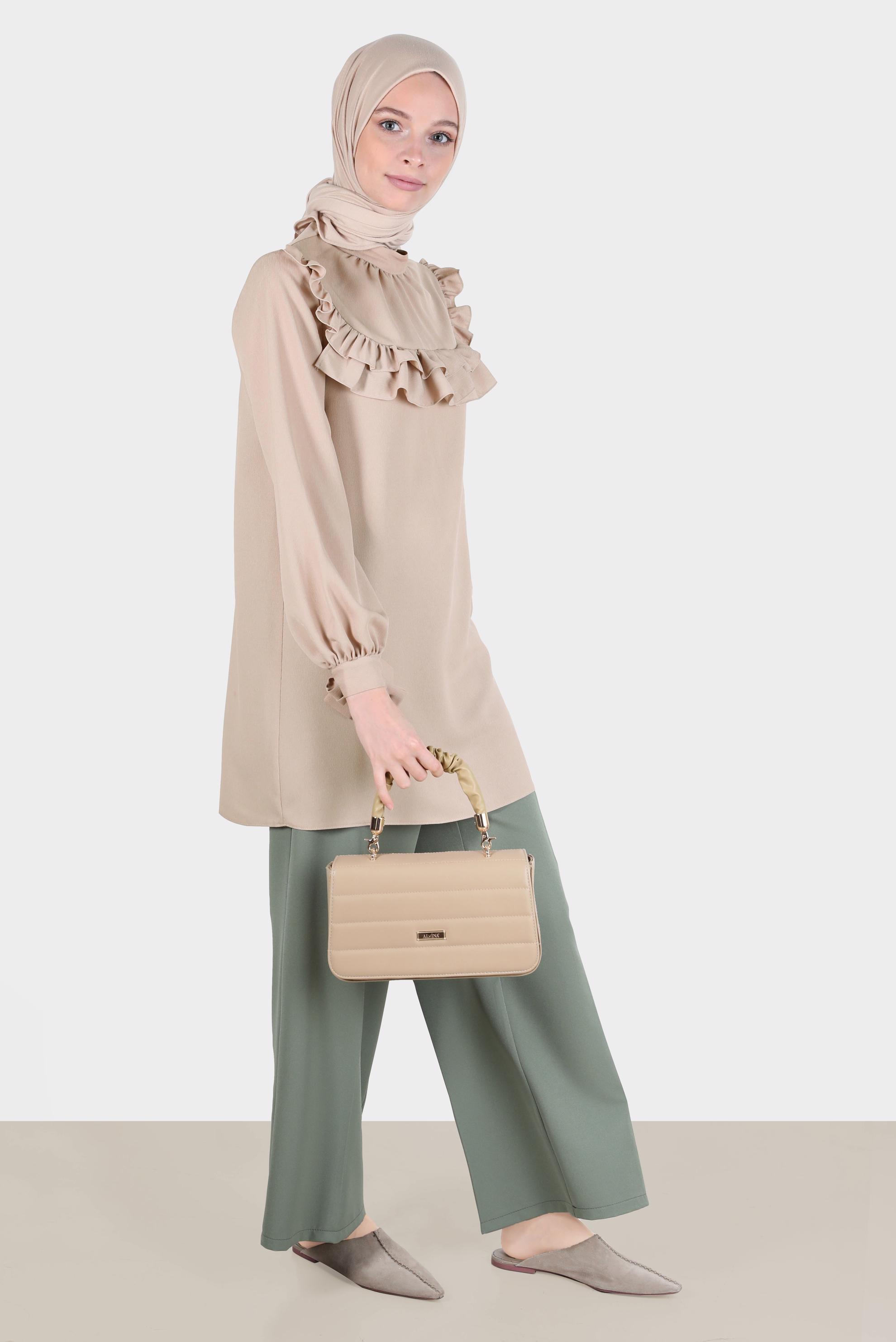 Tesettür giyim BEJ MANŞETLERİ BAĞLAMALI FIRFIRLI TUNİK 42718 