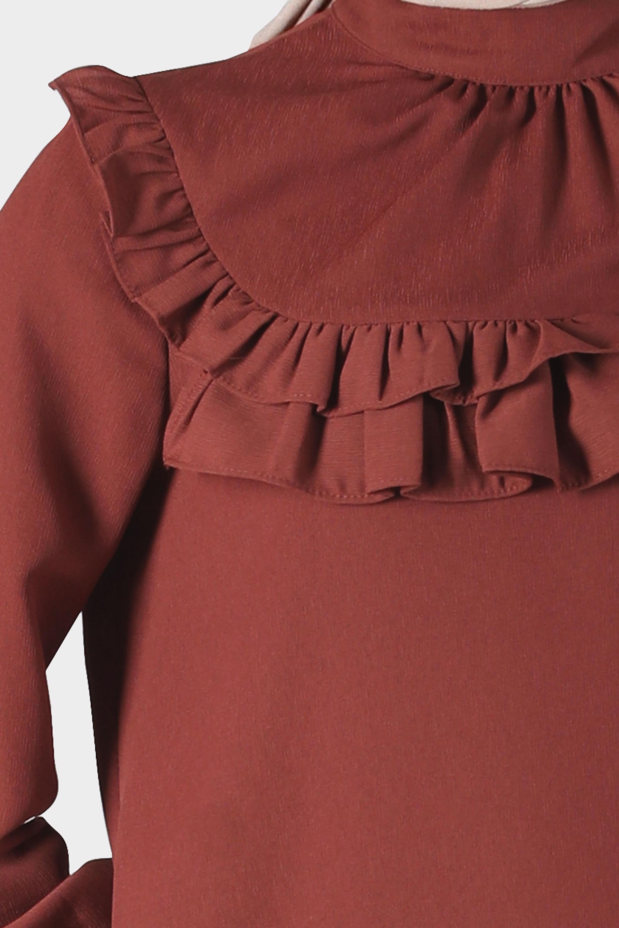 Tesettür giyim TURUNCU MANŞETLERİ BAĞLAMALI FIRFIRLI TUNİK 42718 