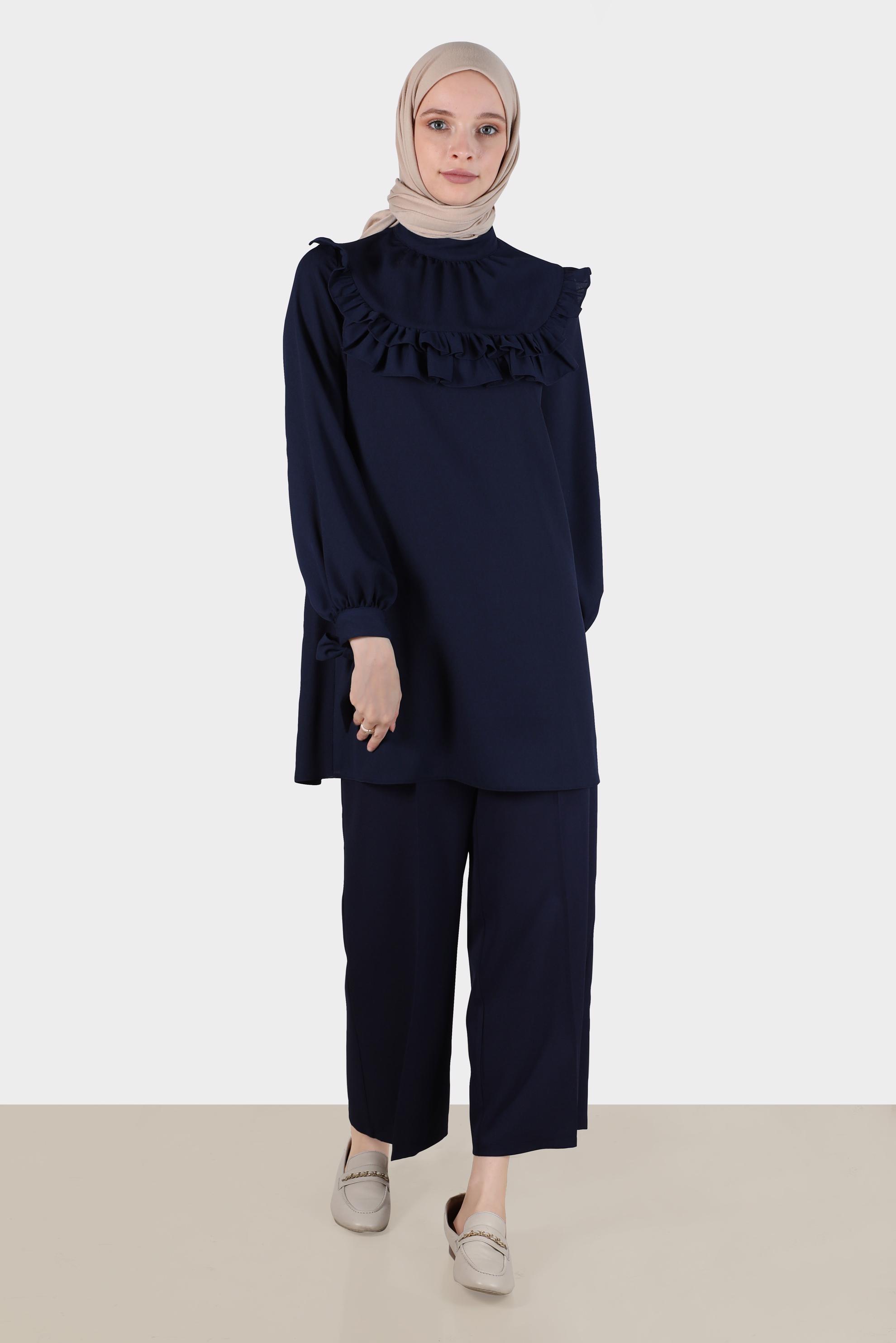 Tesettür giyim LACİVERT MANŞETLERİ BAĞLAMALI FIRFIRLI TUNİK 42718 