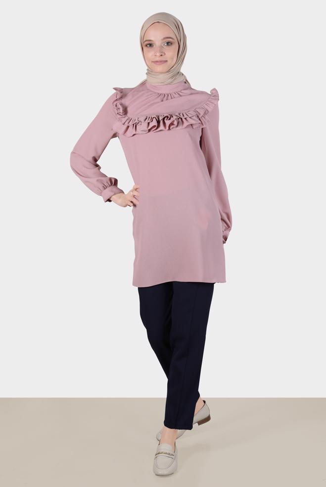 Tesettür giyim  MANŞETLERİ BAĞLAMALI FIRFIRLI TUNİK 42718  - ALVİNA
