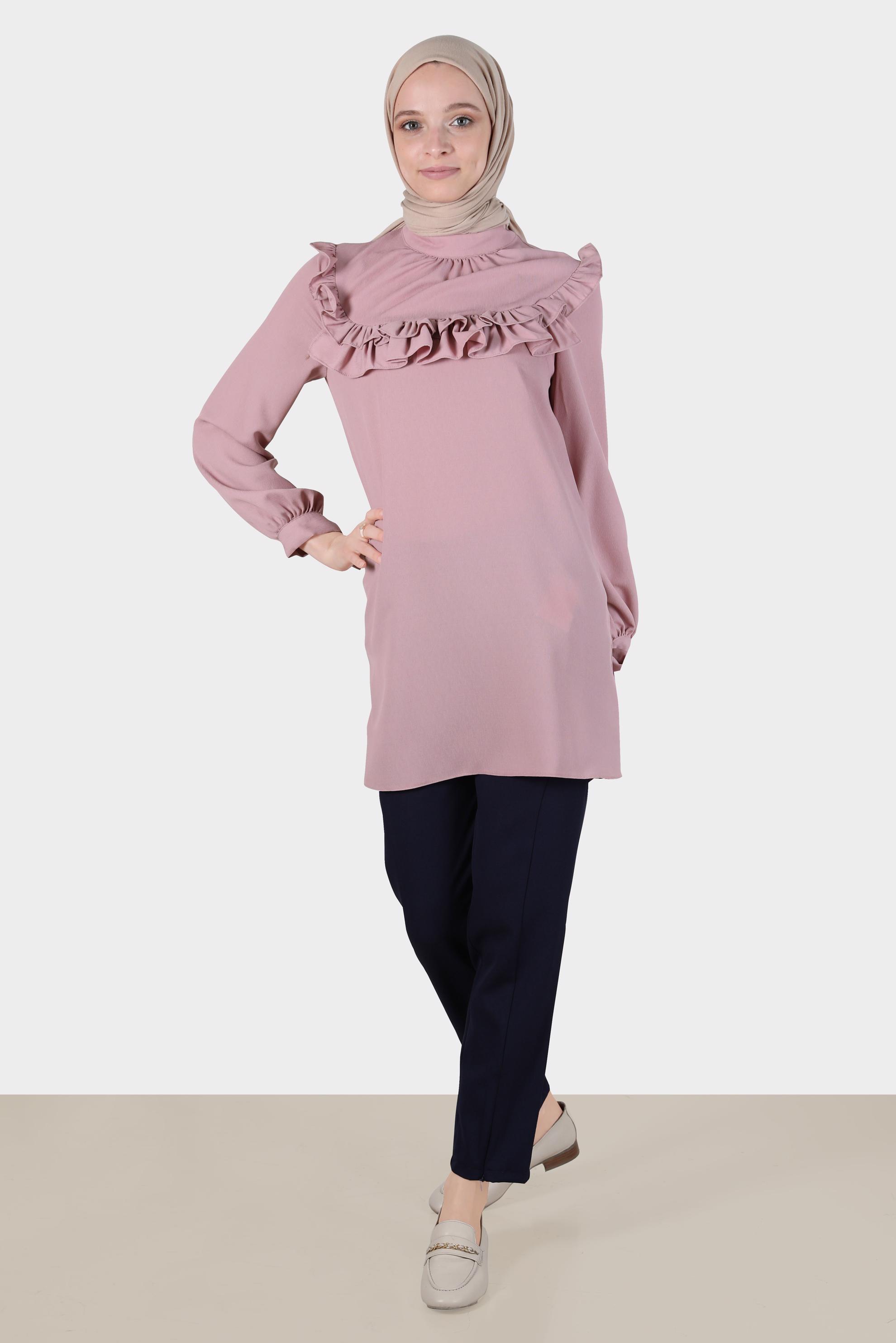 Tesettür giyim PUDRA MANŞETLERİ BAĞLAMALI FIRFIRLI TUNİK 42718 