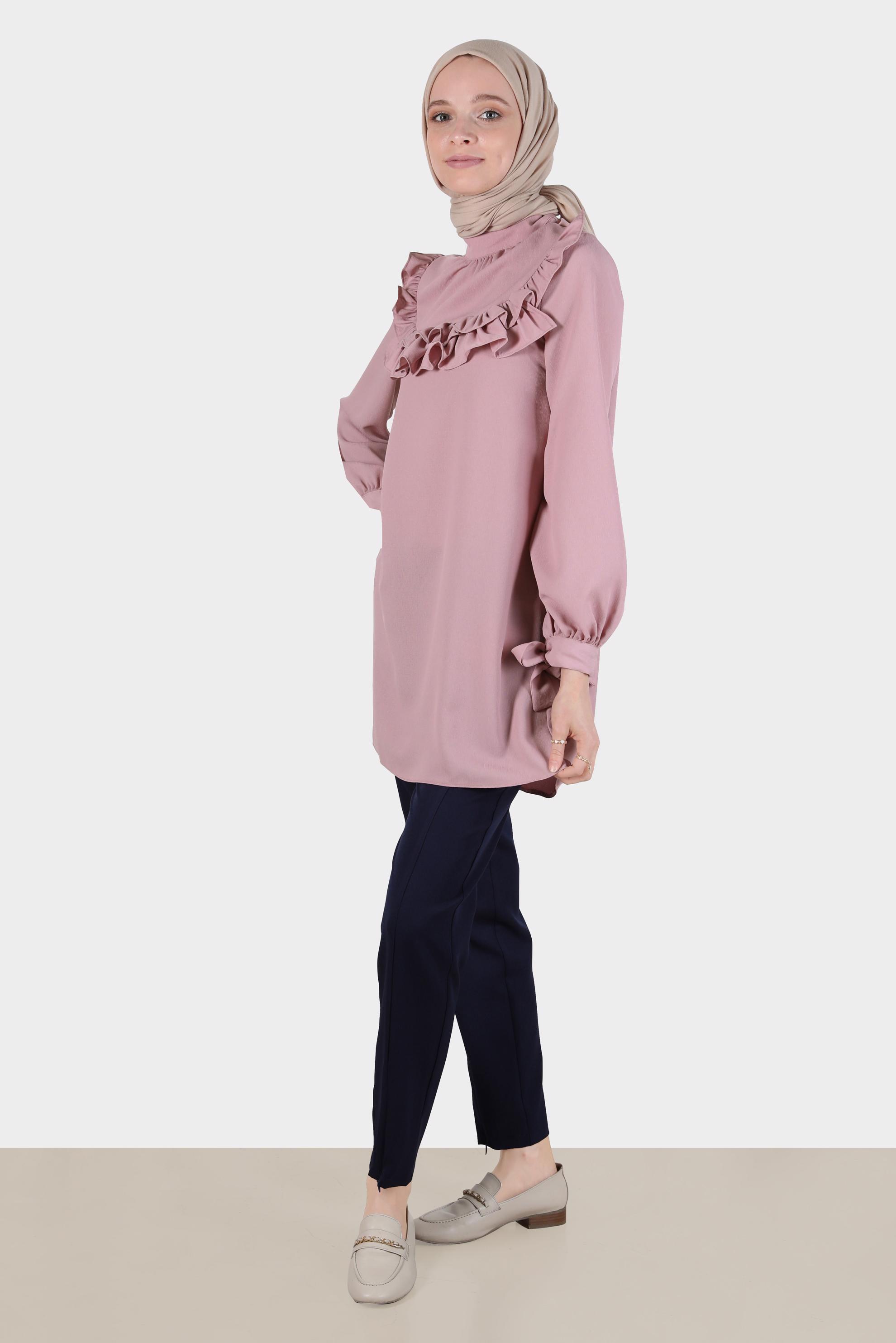 Tesettür giyim PUDRA MANŞETLERİ BAĞLAMALI FIRFIRLI TUNİK 42718 