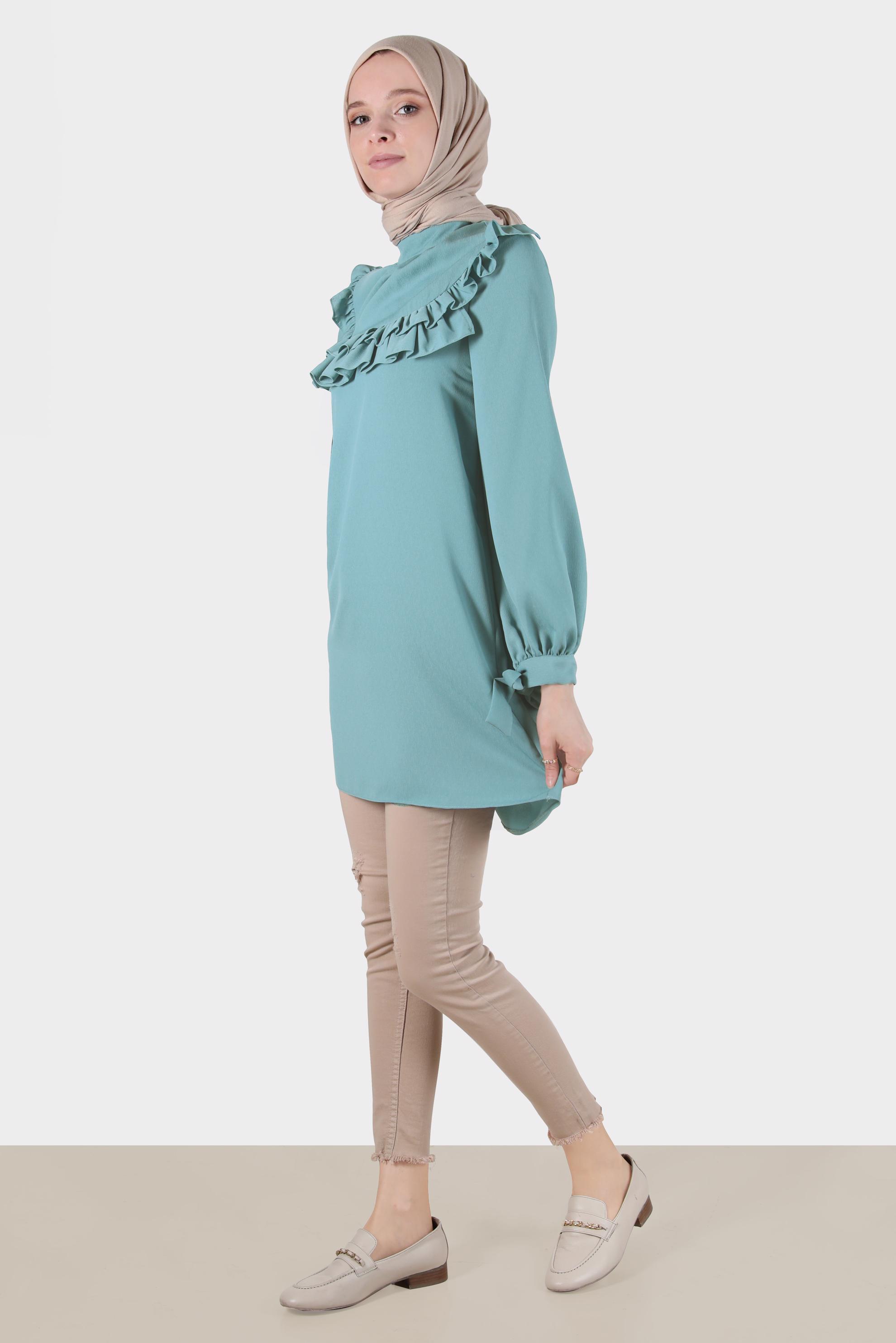 Tesettür giyim MAVİ MANŞETLERİ BAĞLAMALI FIRFIRLI TUNİK 42718 