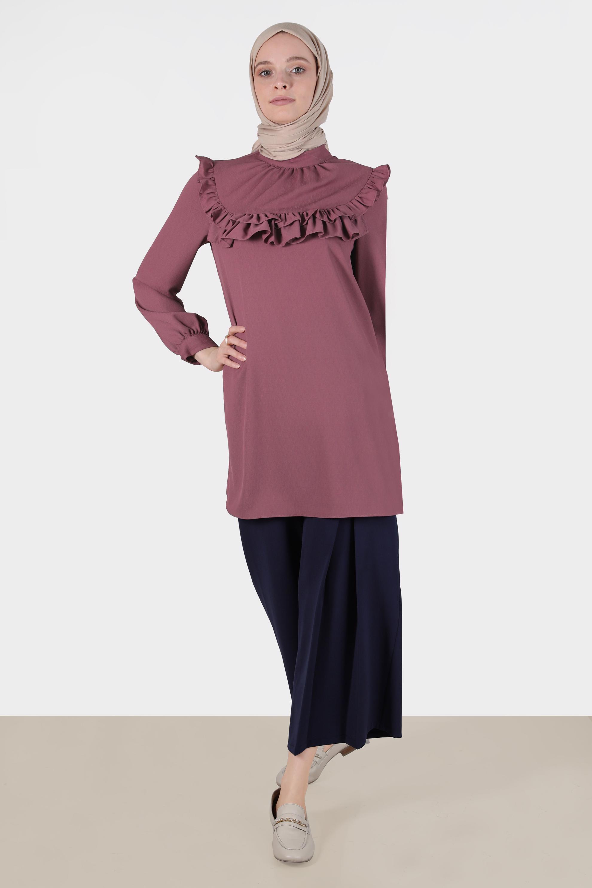 Tesettür giyim PEMBE MANŞETLERİ BAĞLAMALI FIRFIRLI TUNİK 42718 