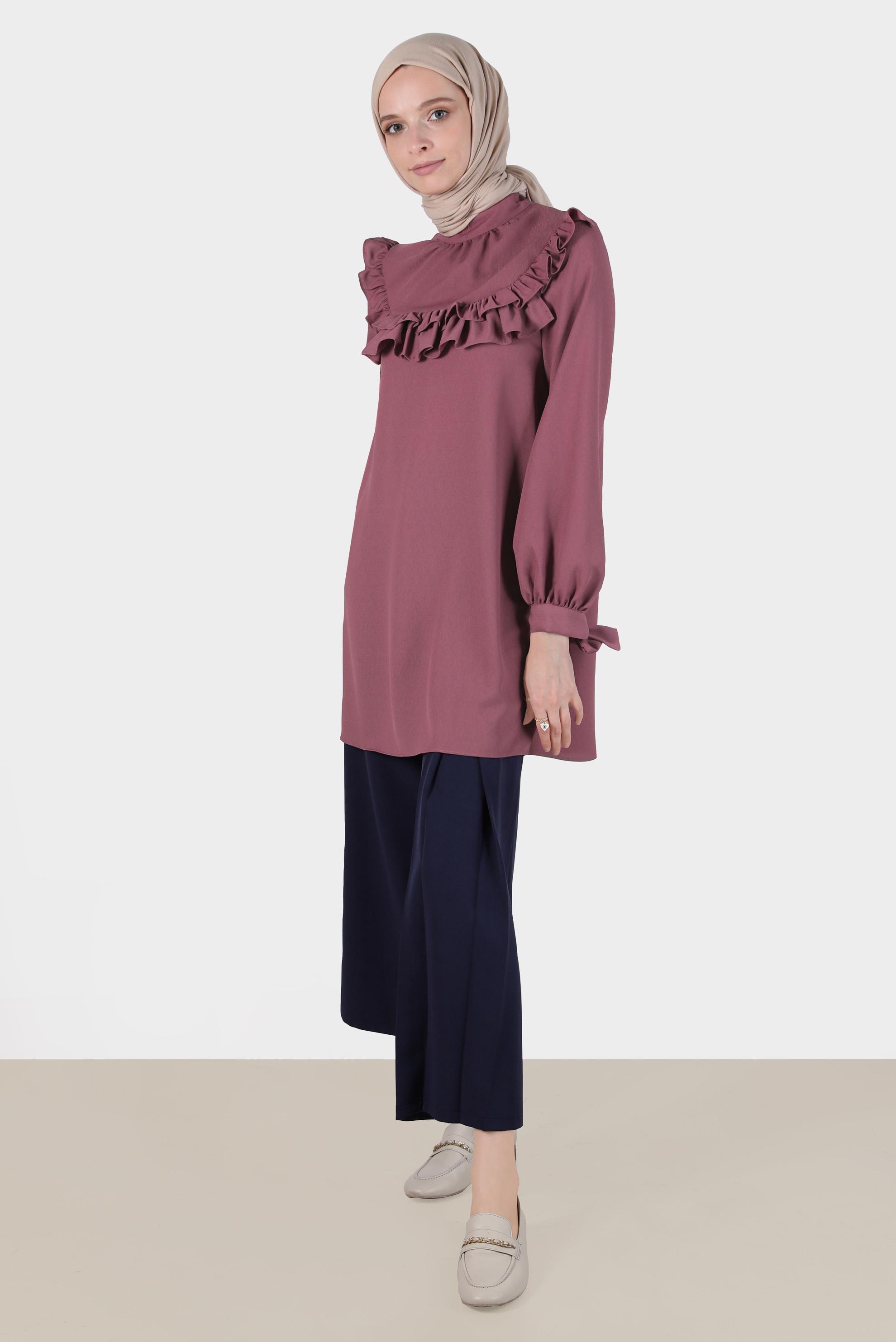 Tesettür giyim PEMBE MANŞETLERİ BAĞLAMALI FIRFIRLI TUNİK 42718 