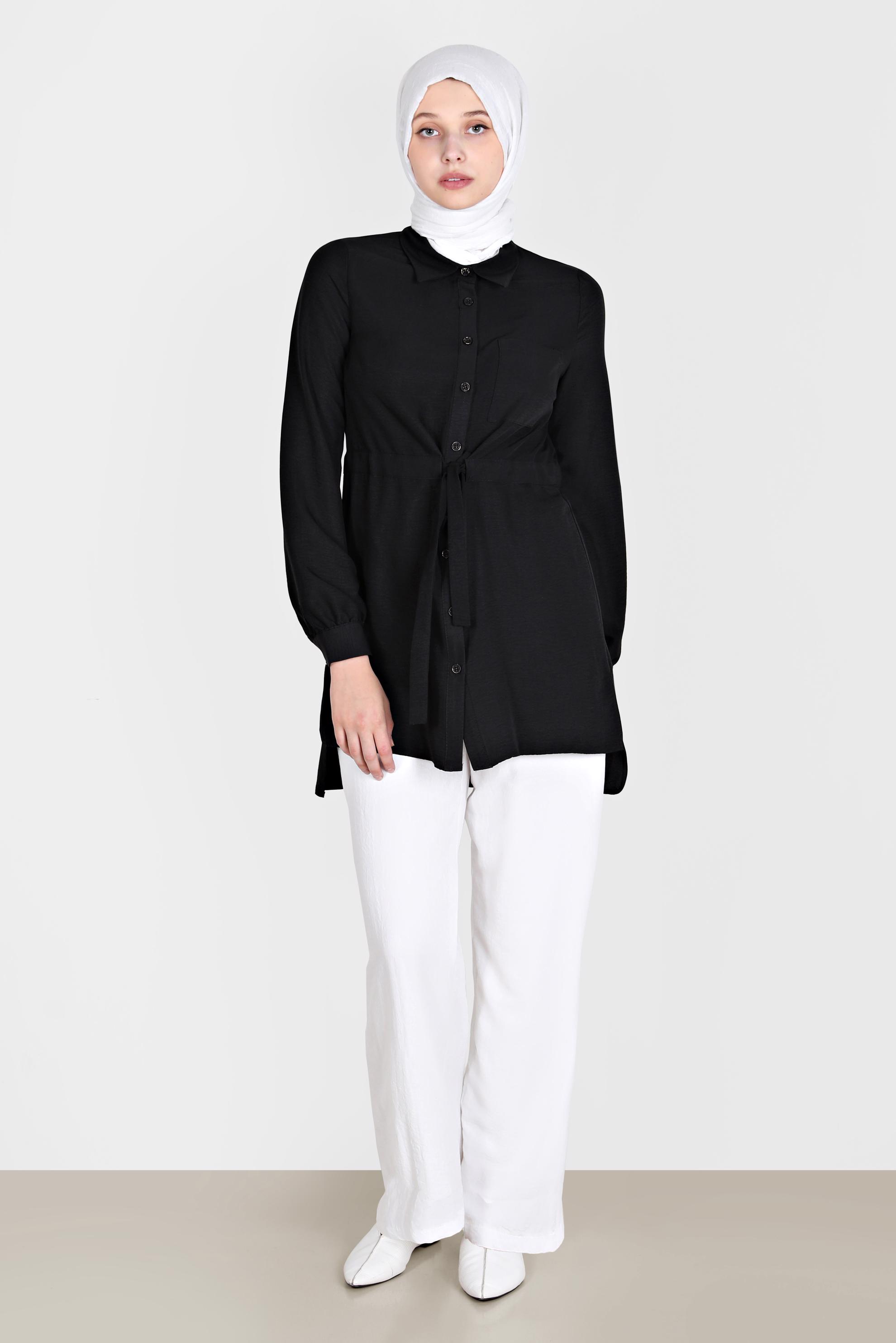 Tesettür giyim SİYAH BELİ BÜZGÜLÜ TUNİK 42734