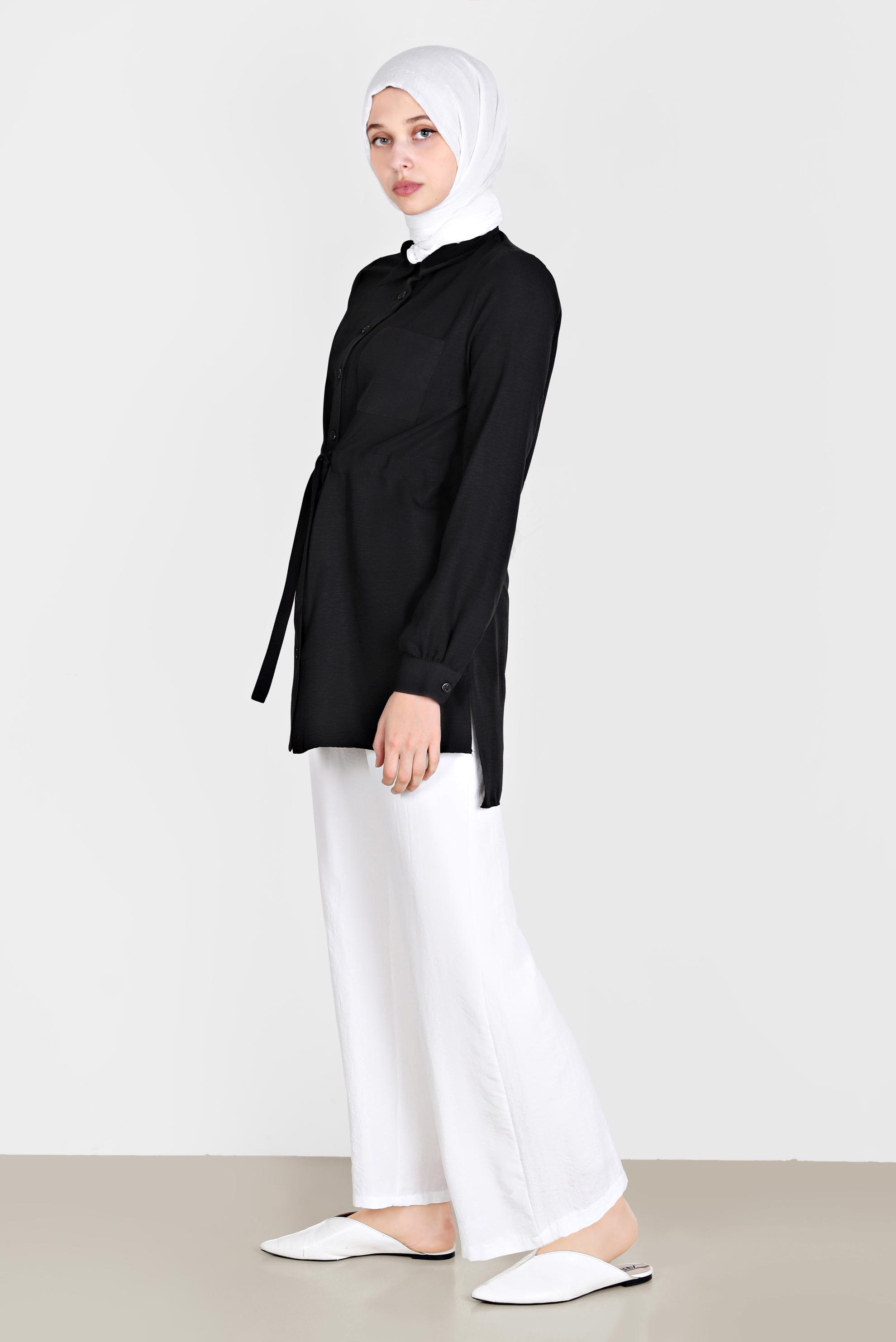 Tesettür giyim SİYAH BELİ BÜZGÜLÜ TUNİK 42734