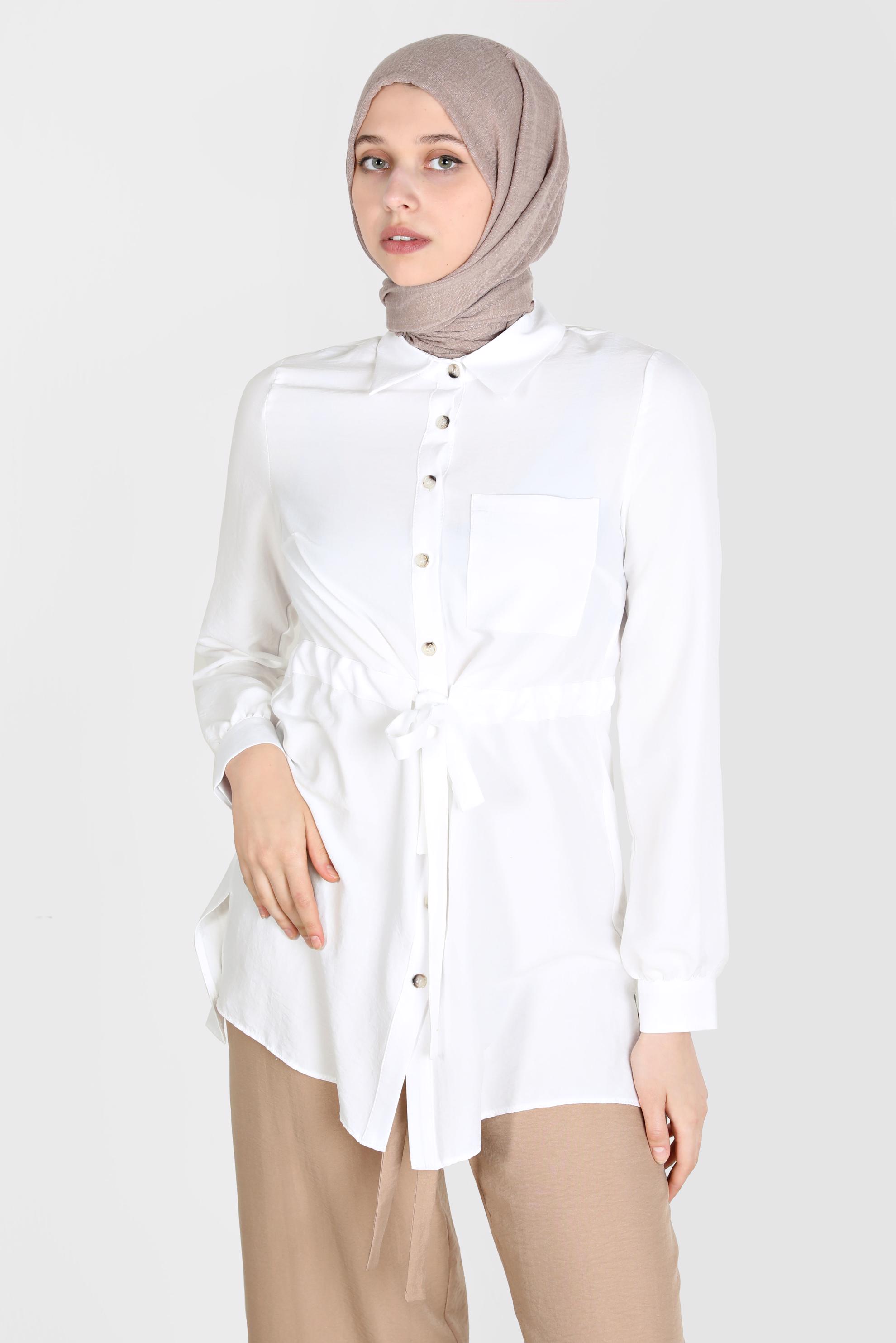 Tesettür giyim BEYAZ BELİ BÜZGÜLÜ TUNİK 42734