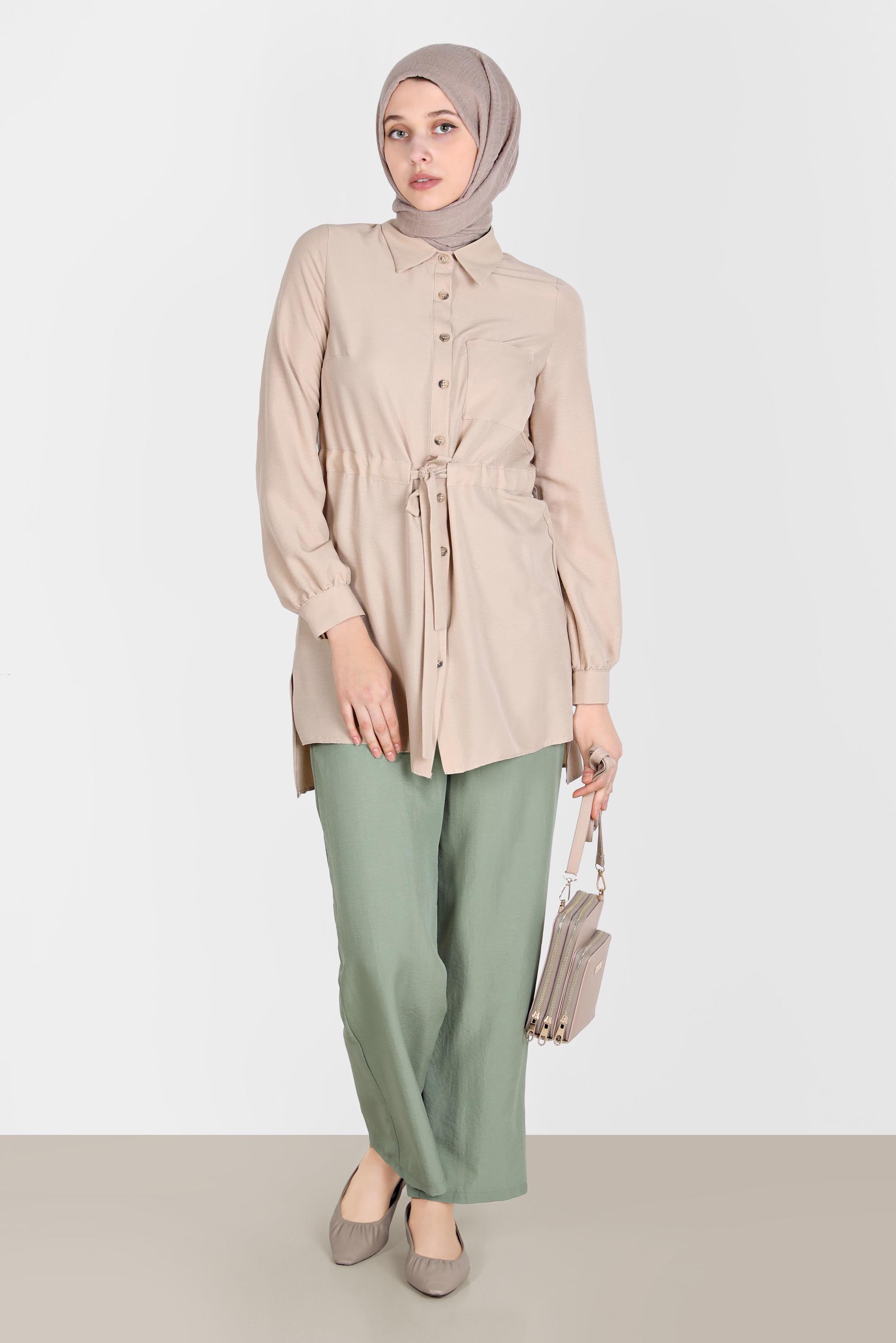 Tesettür giyim BEJ BELİ BÜZGÜLÜ TUNİK 42734