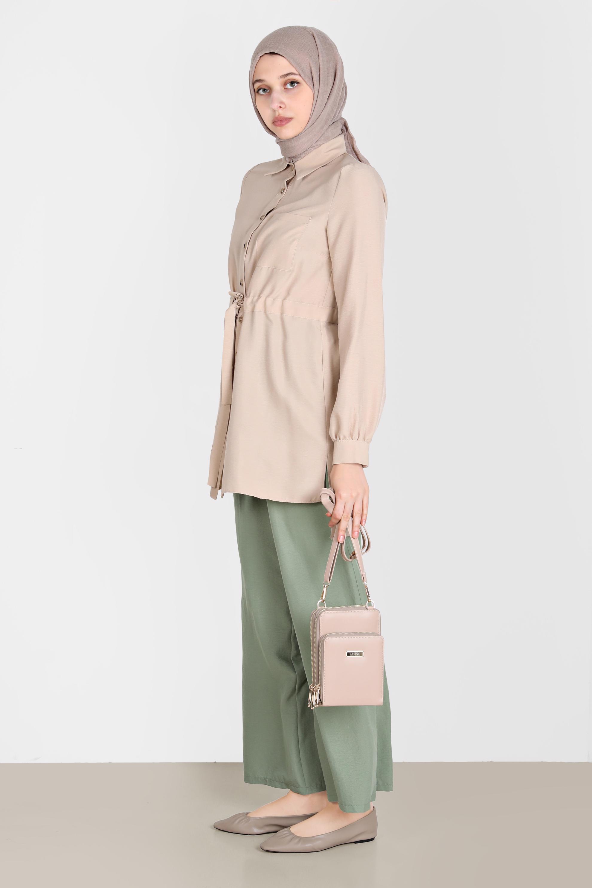 Tesettür giyim BEJ BELİ BÜZGÜLÜ TUNİK 42734