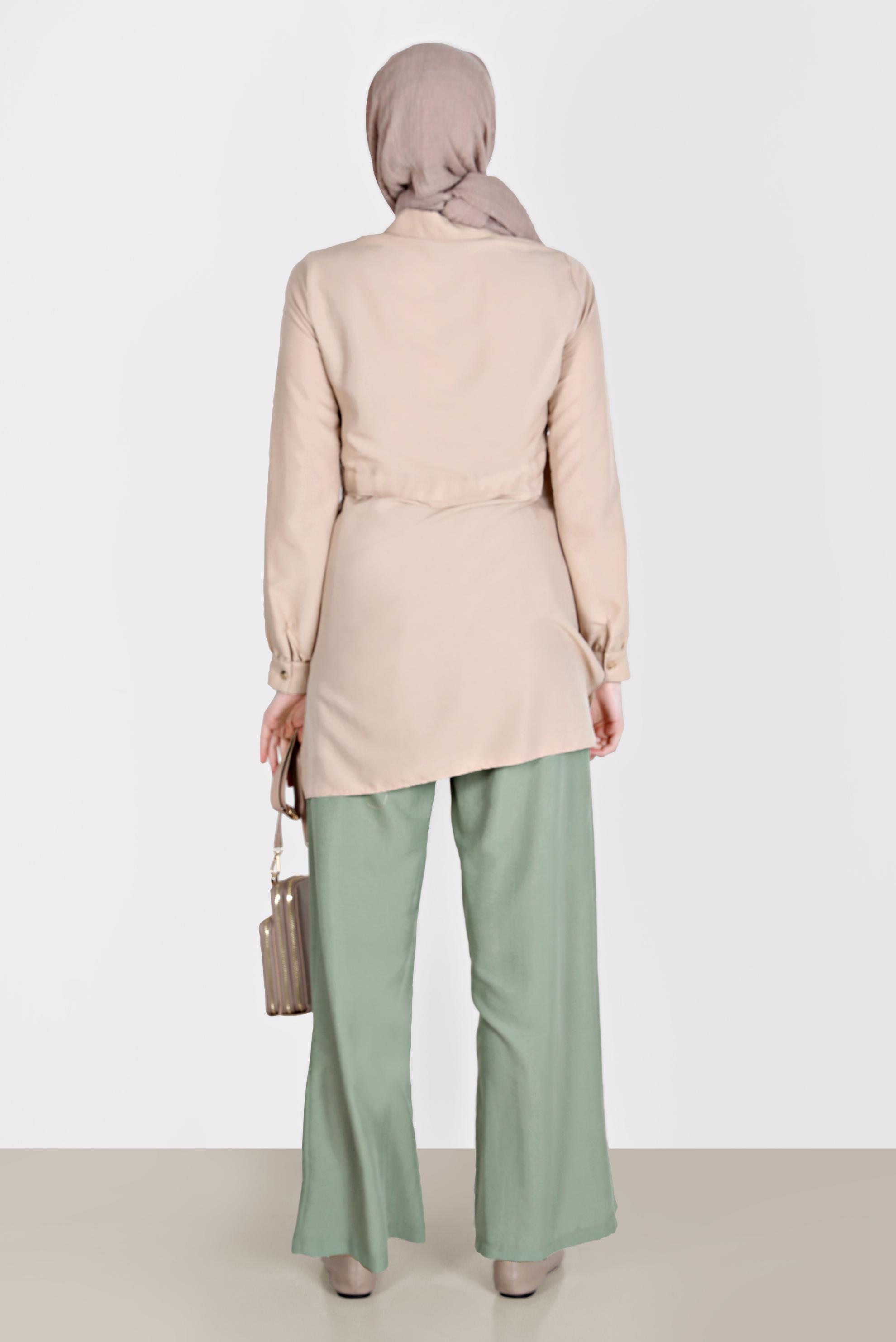 Tesettür giyim BEJ BELİ BÜZGÜLÜ TUNİK 42734