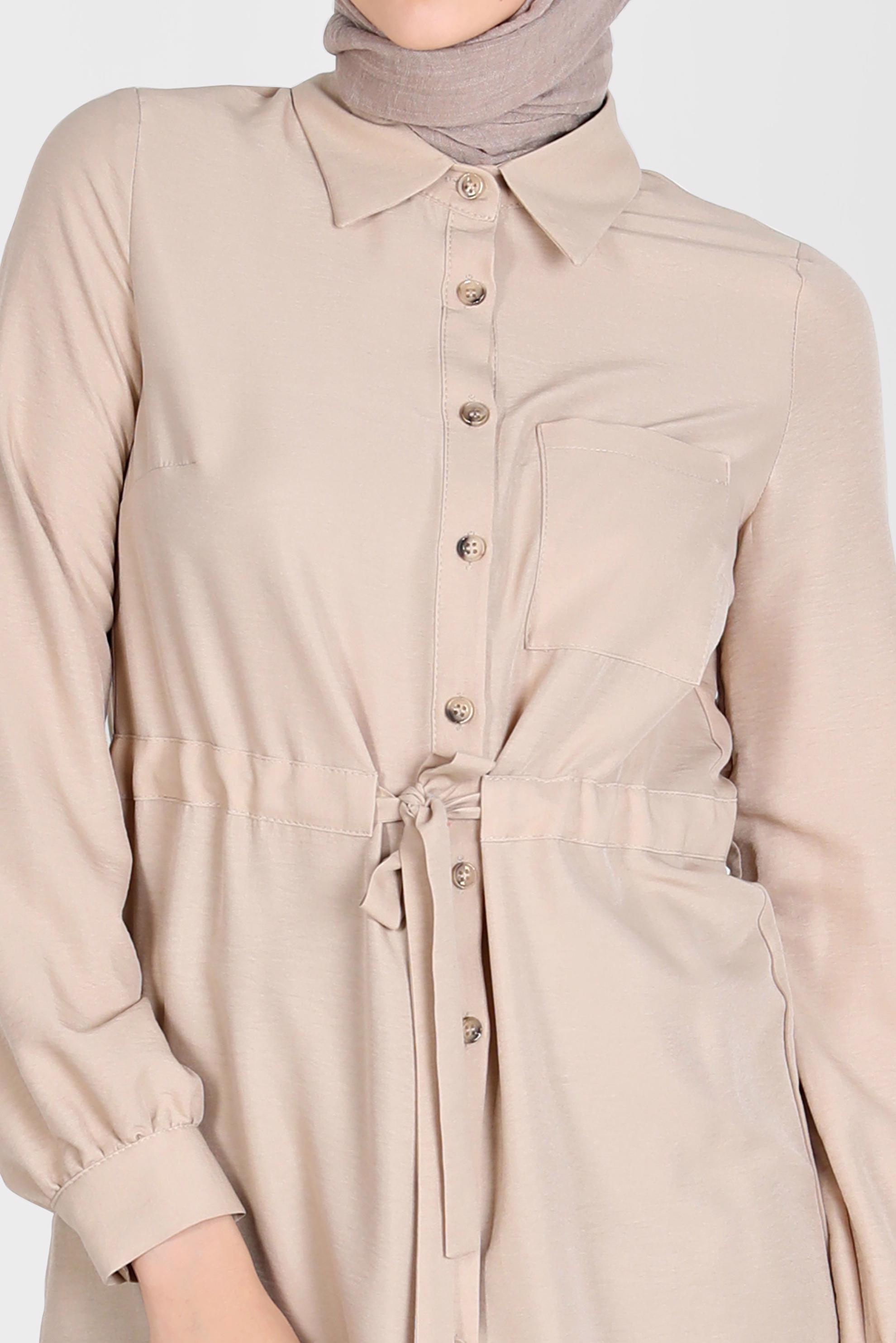 Tesettür giyim BEJ BELİ BÜZGÜLÜ TUNİK 42734