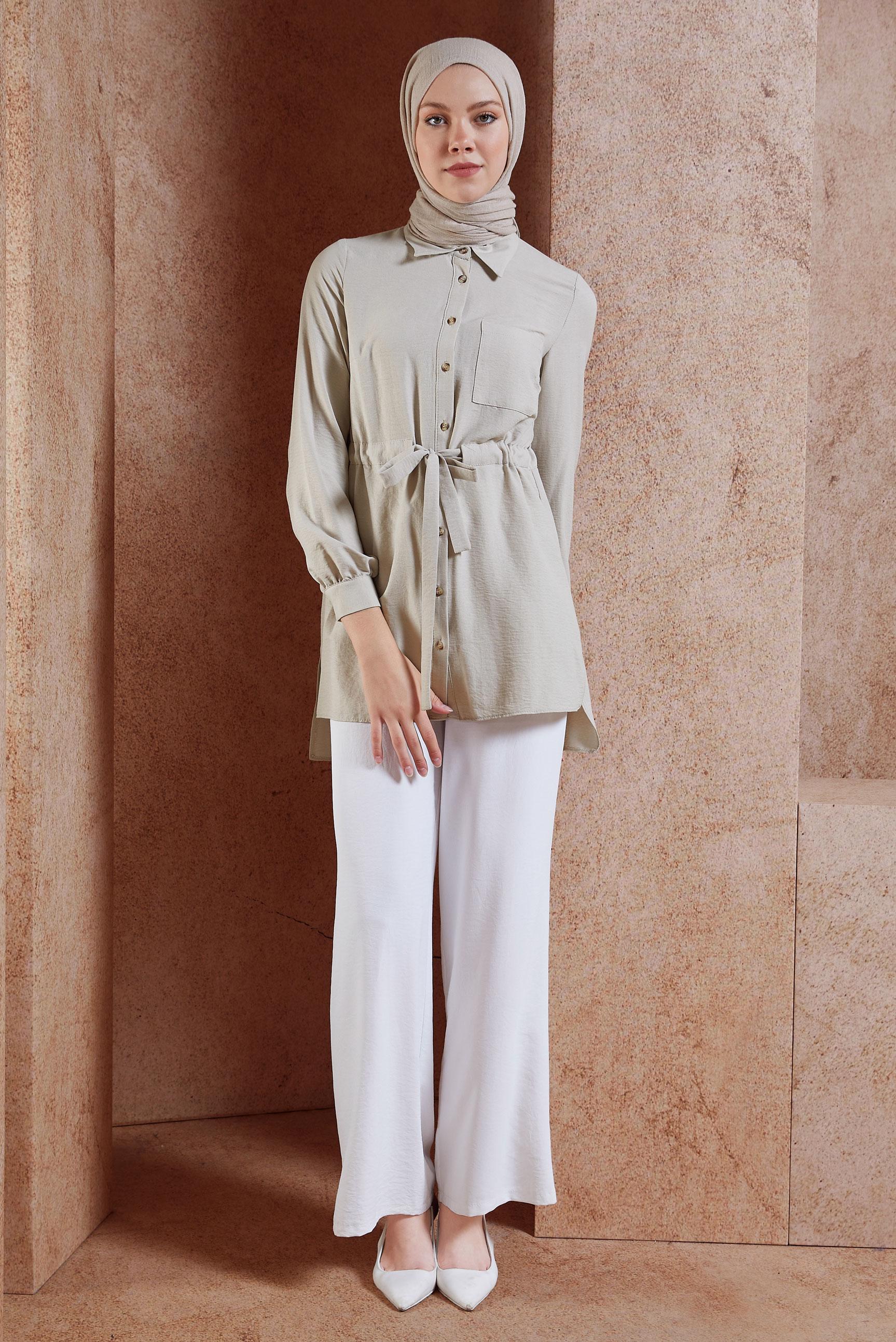 Tesettür giyim BEJ BELİ BÜZGÜLÜ TUNİK 42734