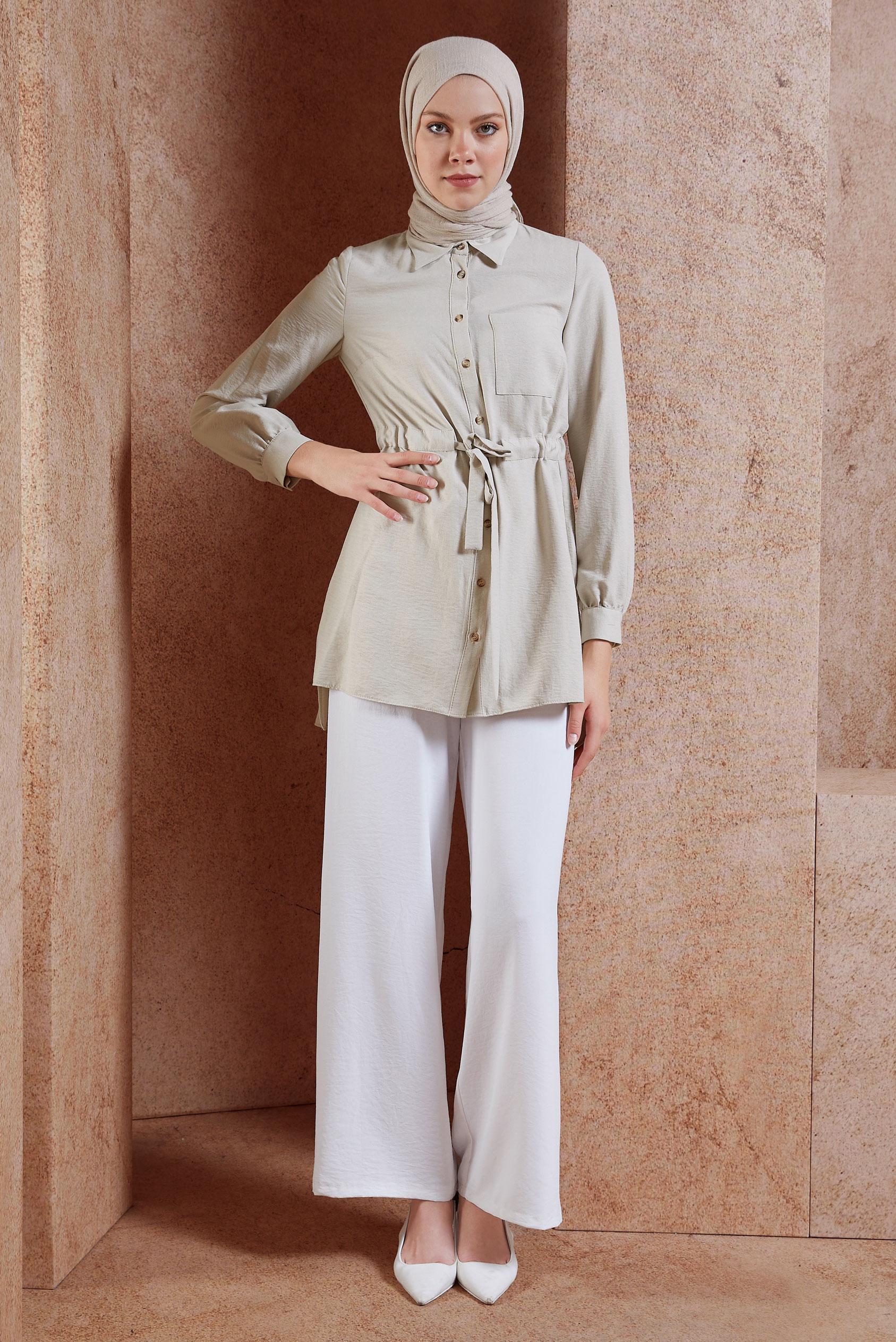 Tesettür giyim BEJ BELİ BÜZGÜLÜ TUNİK 42734