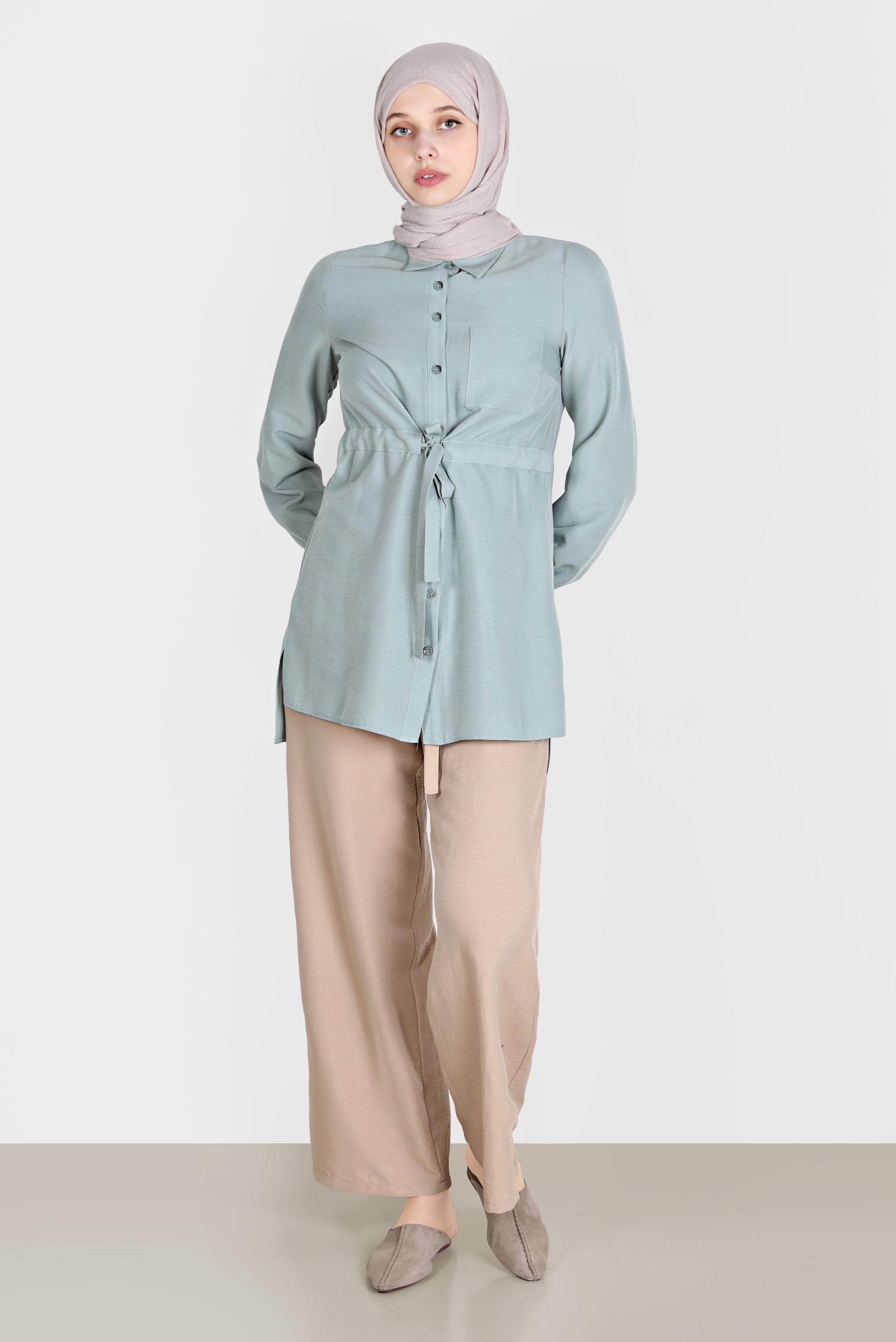 Tesettür giyim MAVİ BELİ BÜZGÜLÜ TUNİK 42734