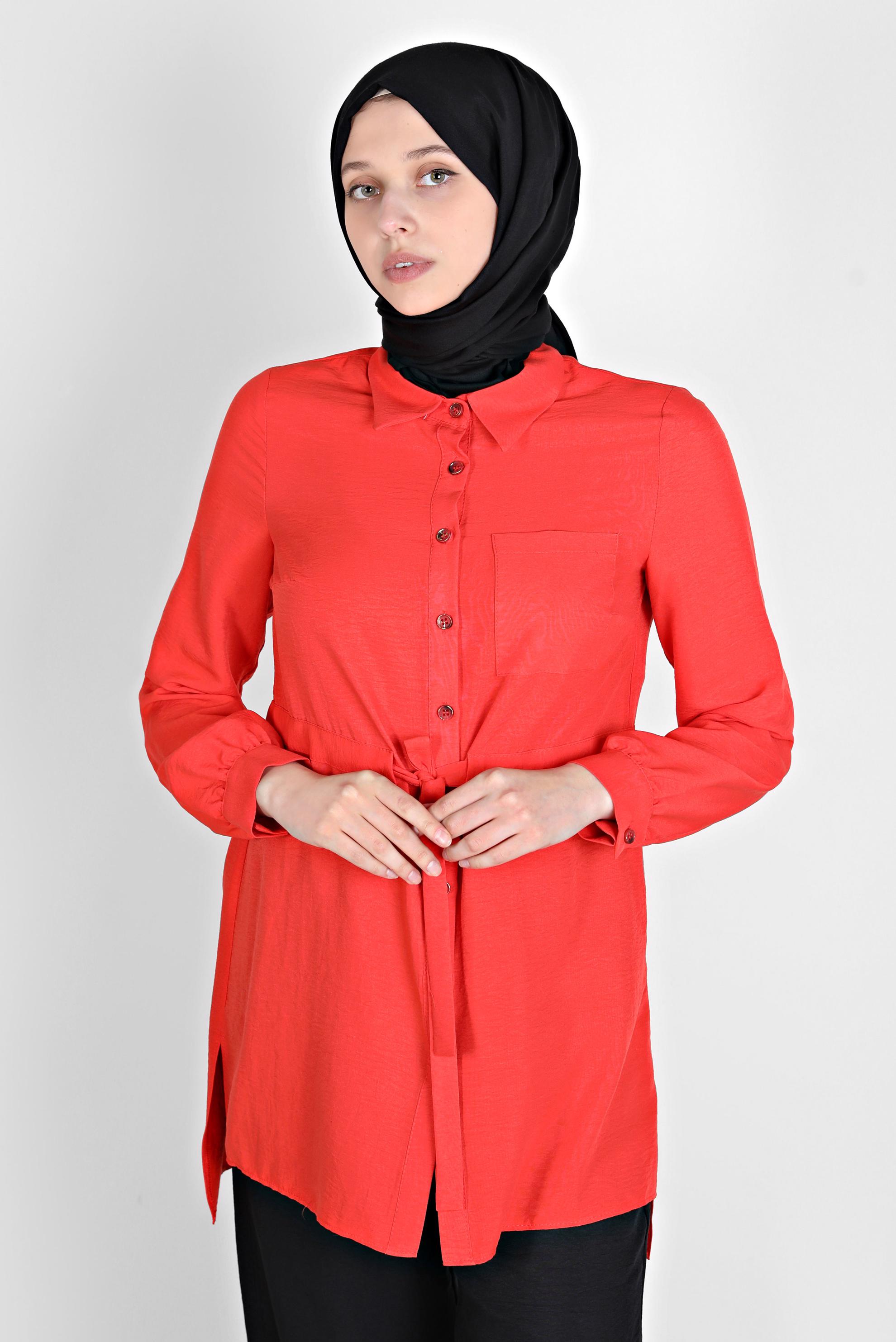 Tesettür giyim KIRMIZI BELİ BÜZGÜLÜ TUNİK 42734