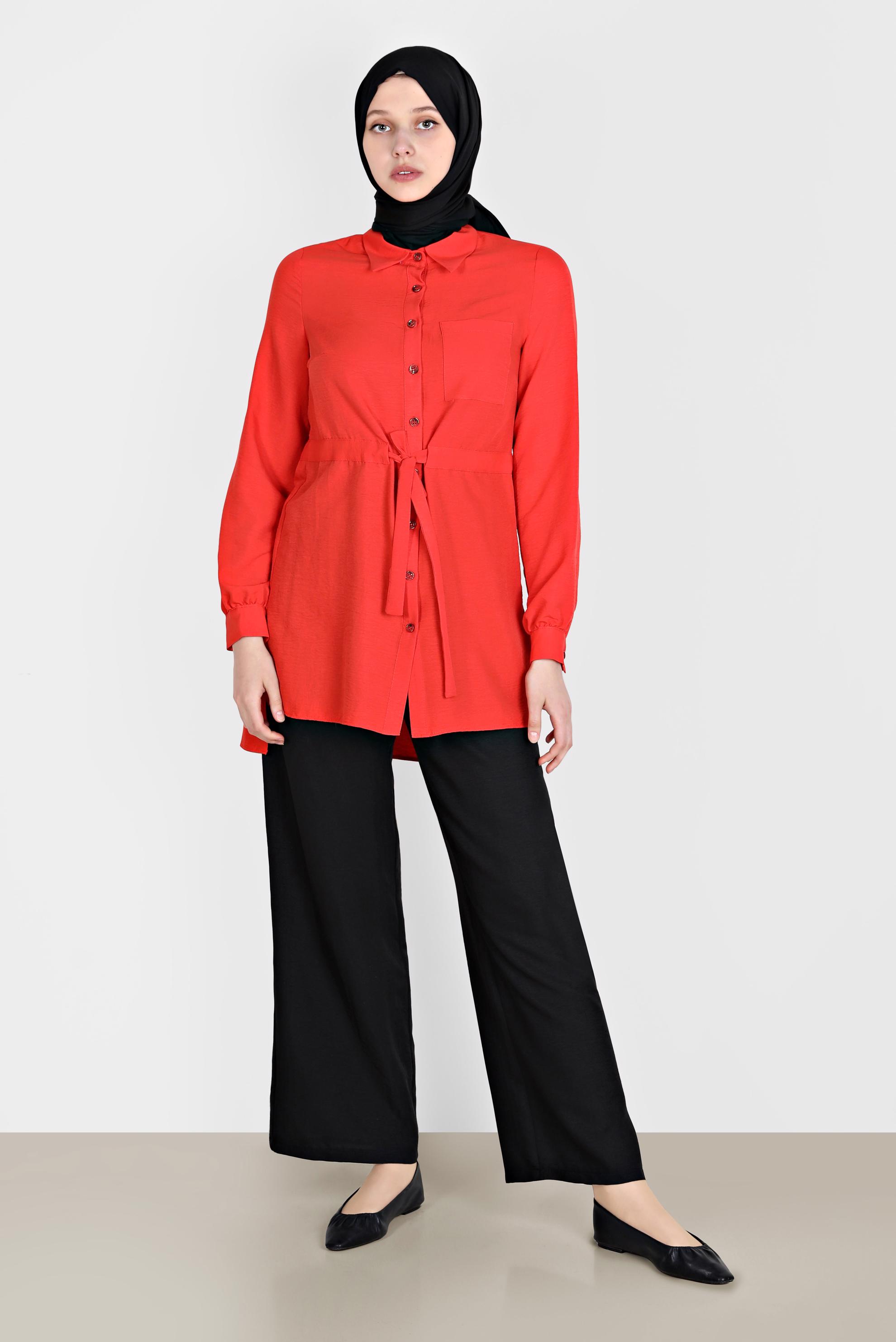 Tesettür giyim KIRMIZI BELİ BÜZGÜLÜ TUNİK 42734