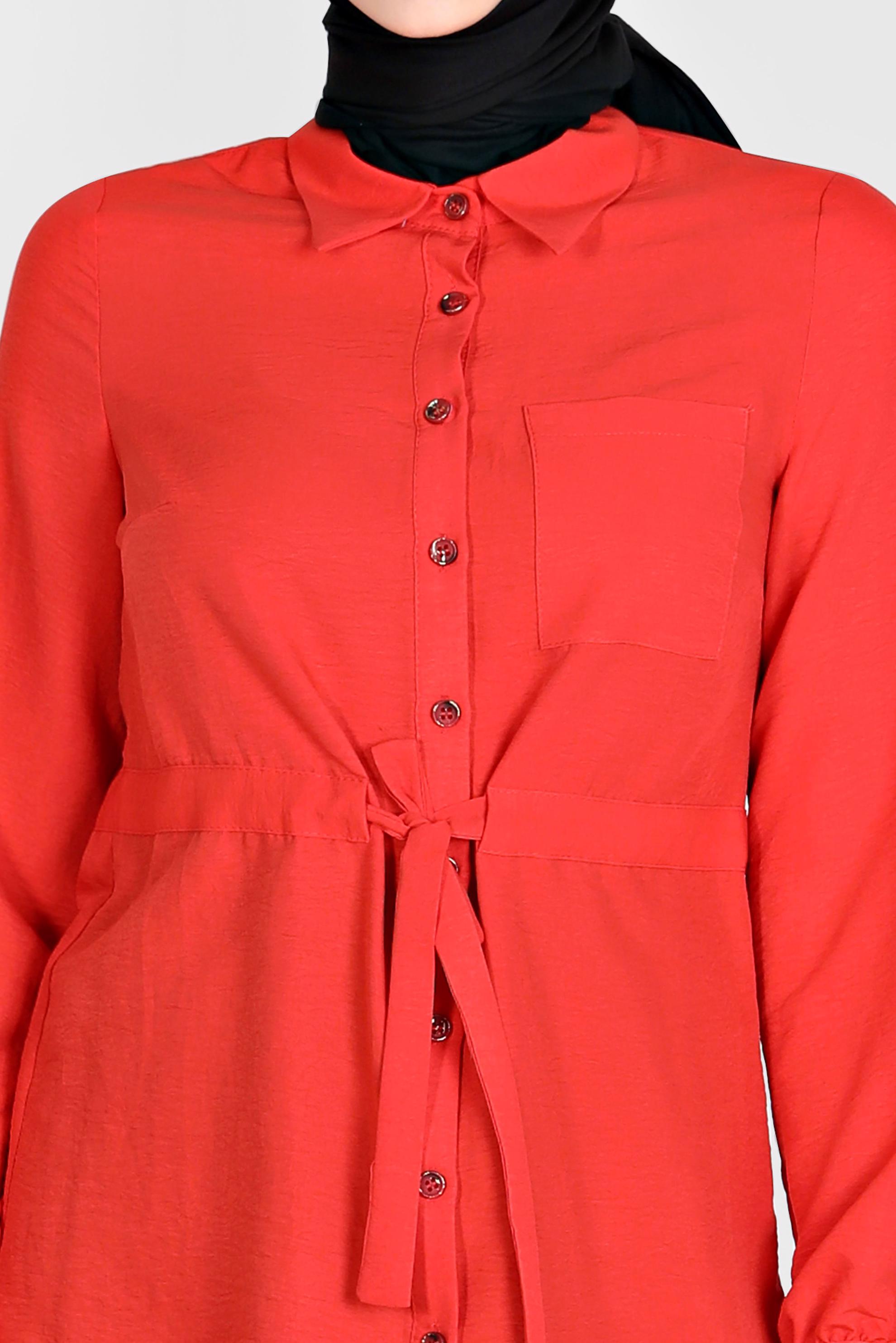 Tesettür giyim KIRMIZI BELİ BÜZGÜLÜ TUNİK 42734