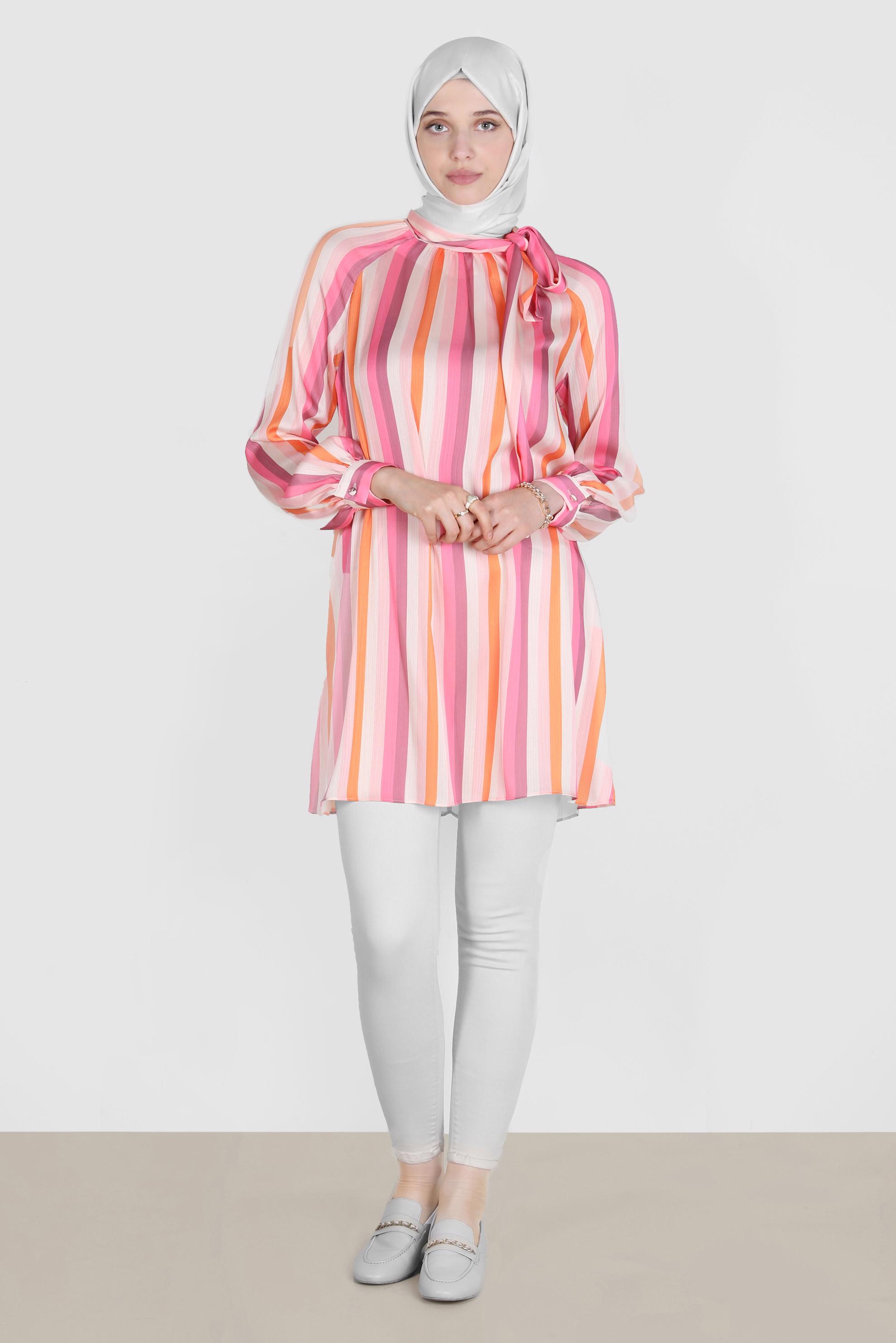 Tesettür giyim FUŞYA RENKLİ ŞERİTLİ TUNİK 42736 