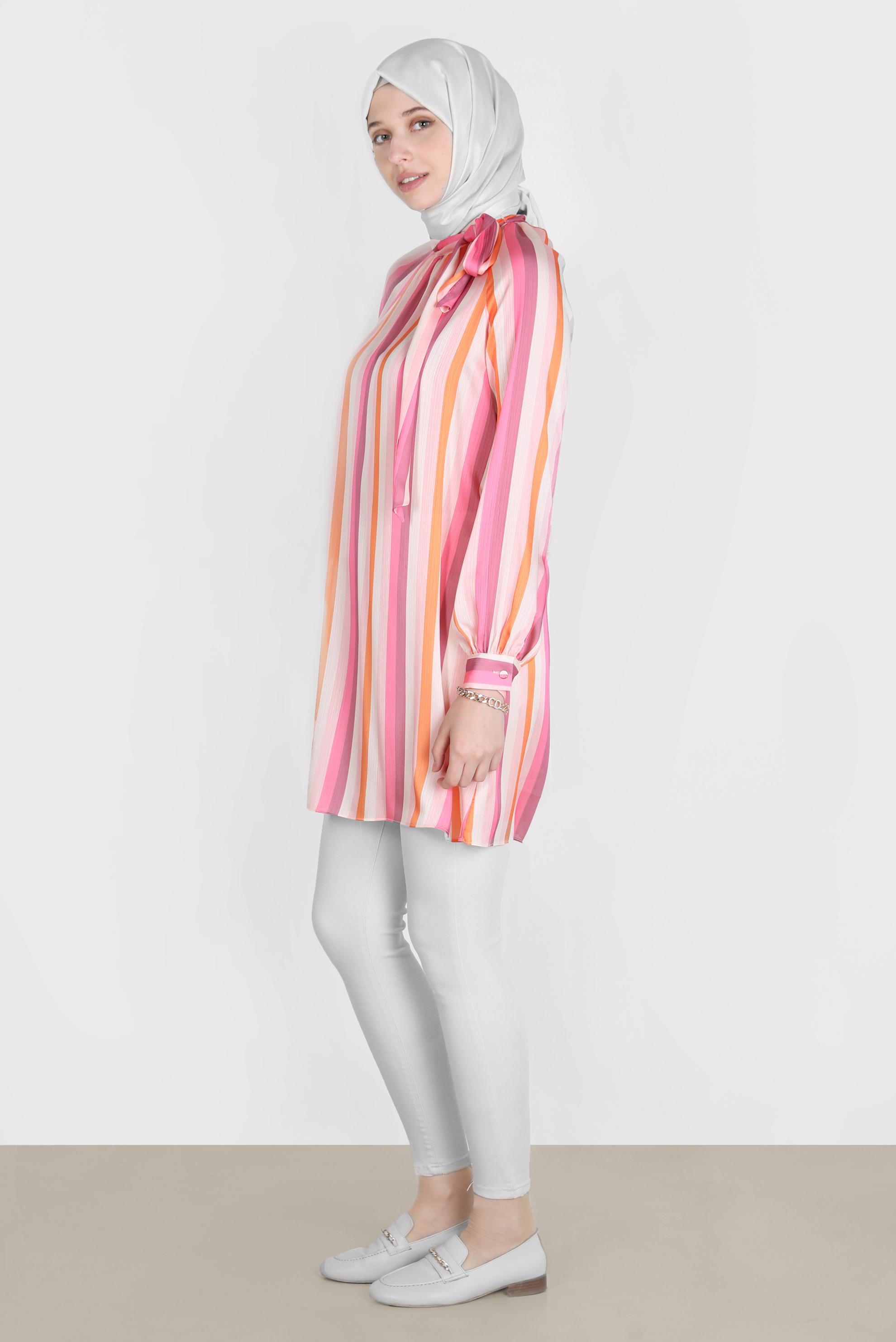 Tesettür giyim FUŞYA RENKLİ ŞERİTLİ TUNİK 42736 