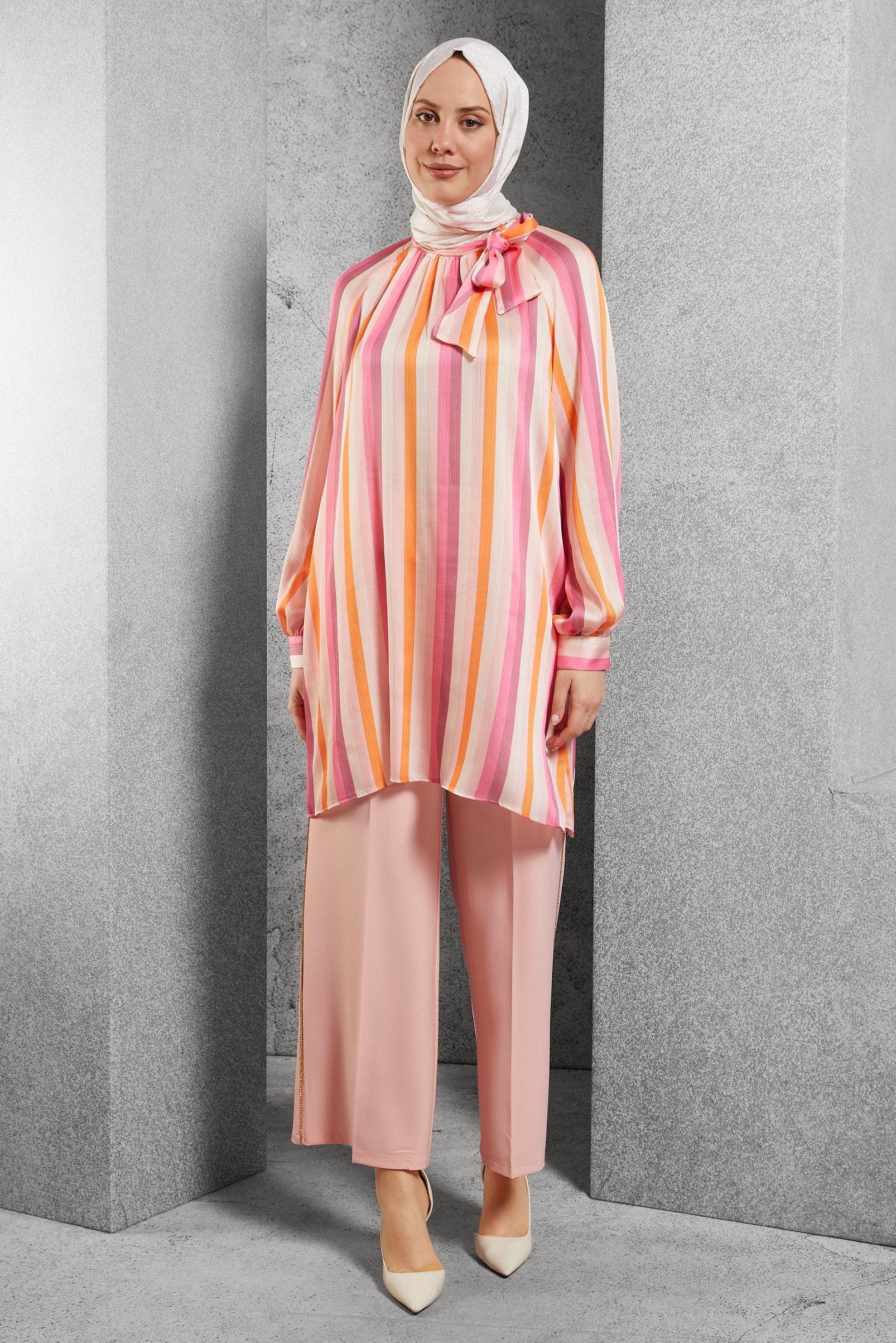 Tesettür giyim FUŞYA ÇİZGİLİ TUNİK 42736-2