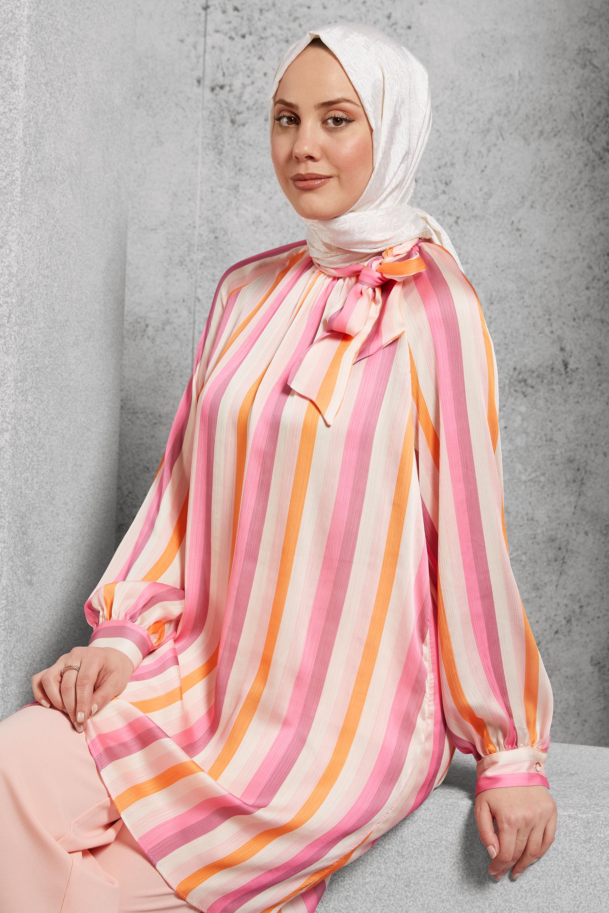 Tesettür giyim FUŞYA ÇİZGİLİ TUNİK 42736-2