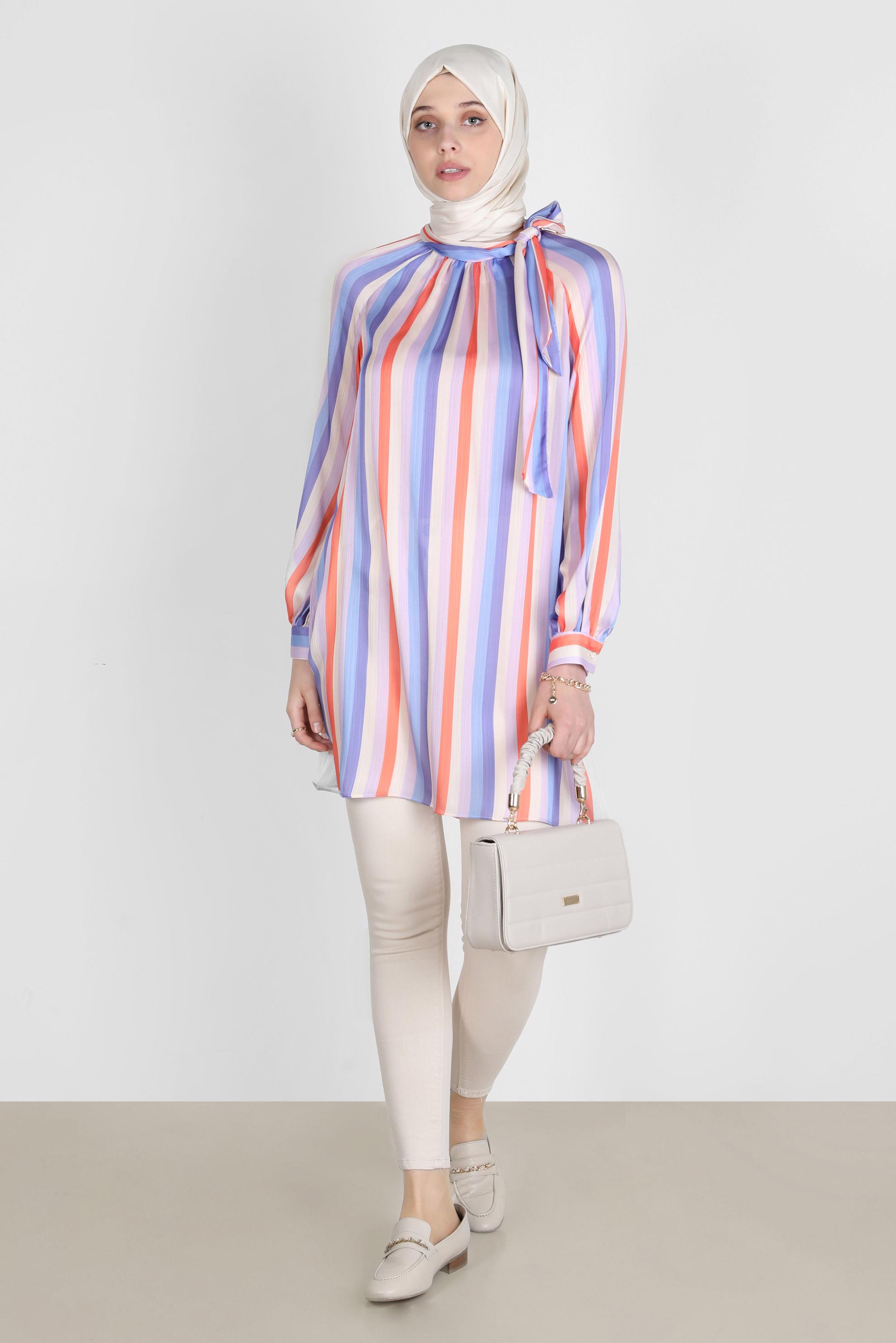 Tesettür giyim LACİVERT RENKLİ ŞERİTLİ TUNİK 42736 