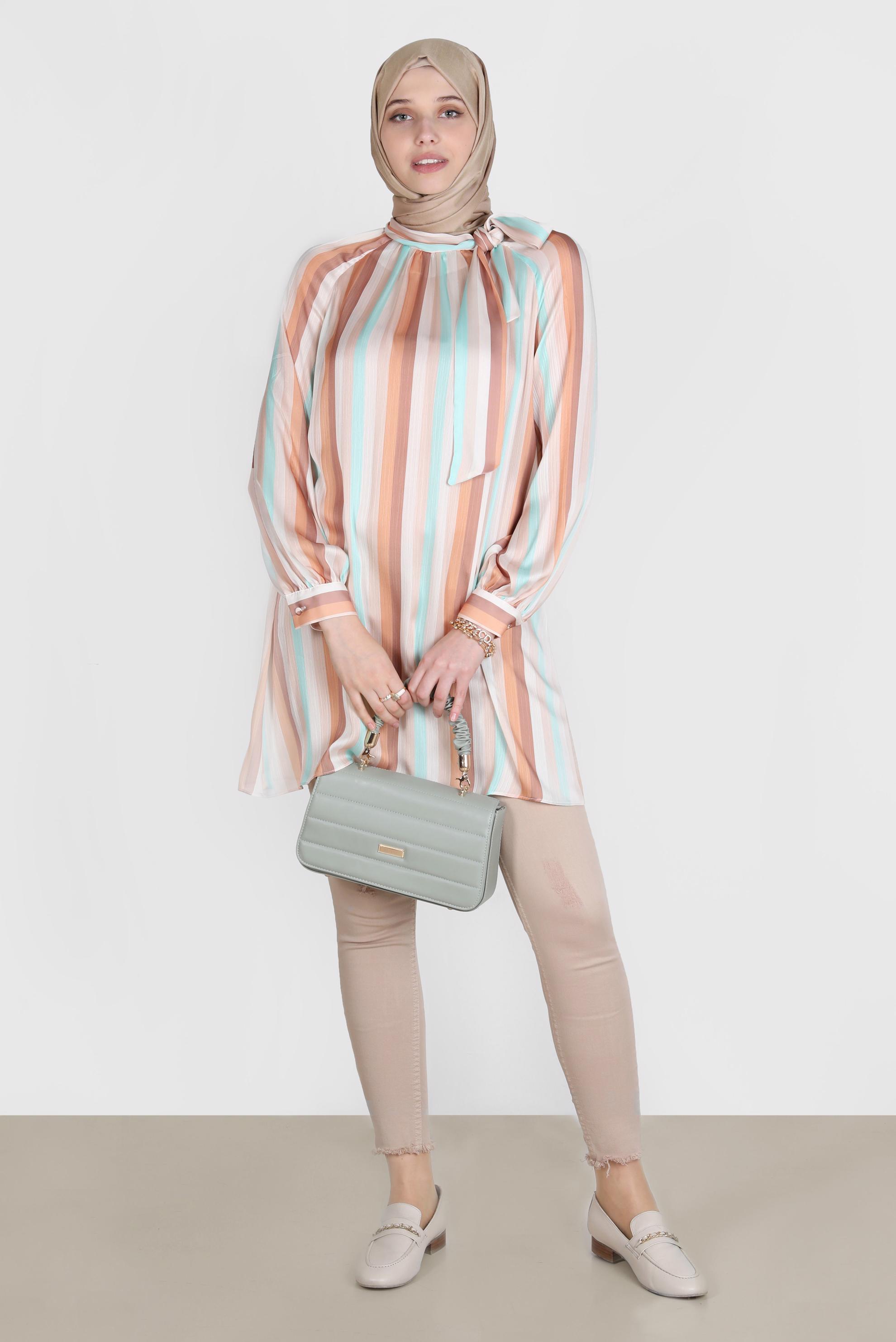 Tesettür giyim MAVİ RENKLİ ŞERİTLİ TUNİK 42736 