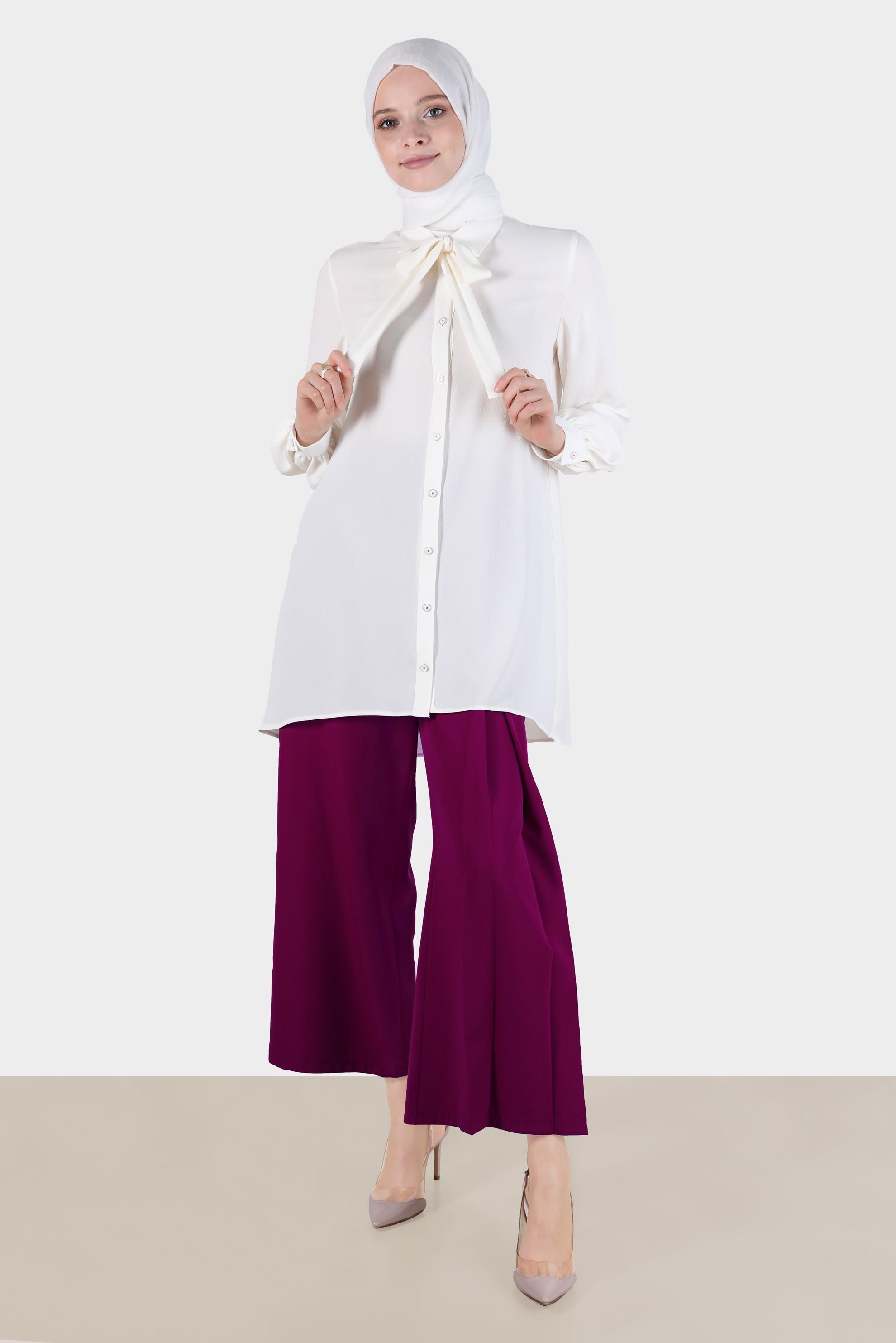 Tesettür giyim BEYAZ BOYUNDAN BAĞLAMALI DÜĞMELİ TUNİK 42737