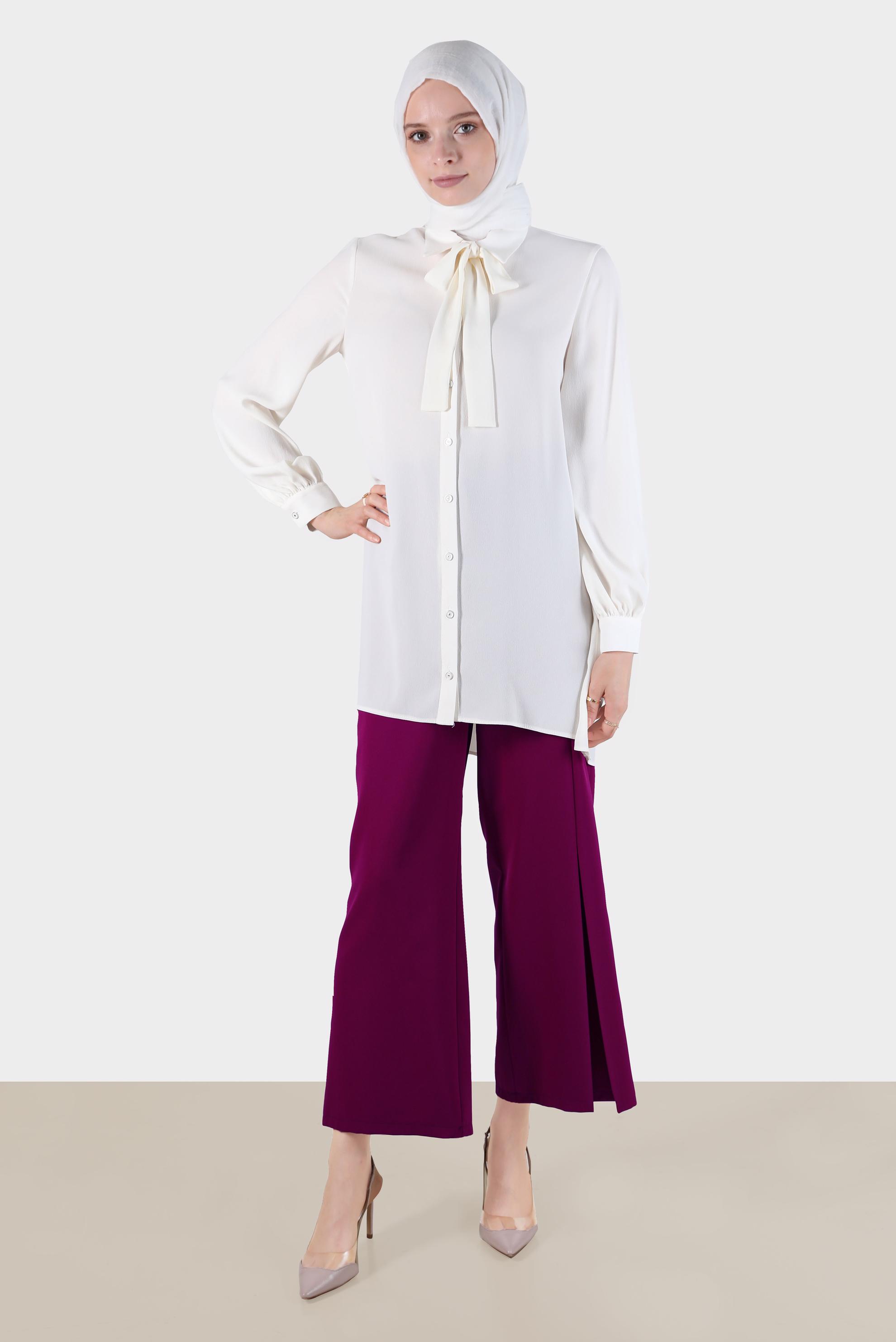 Tesettür giyim BEYAZ BOYUNDAN BAĞLAMALI DÜĞMELİ TUNİK 42737