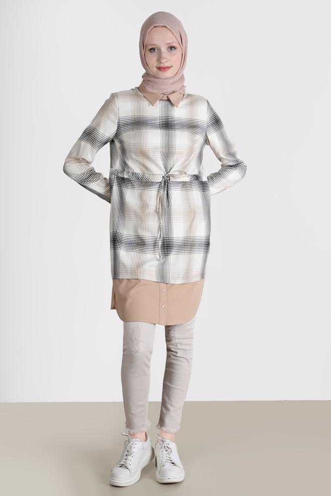 Tesettür giyim  BELİ BÜZGÜLÜ EKOSE DESEN TUNİK 42738 - ALVİNA