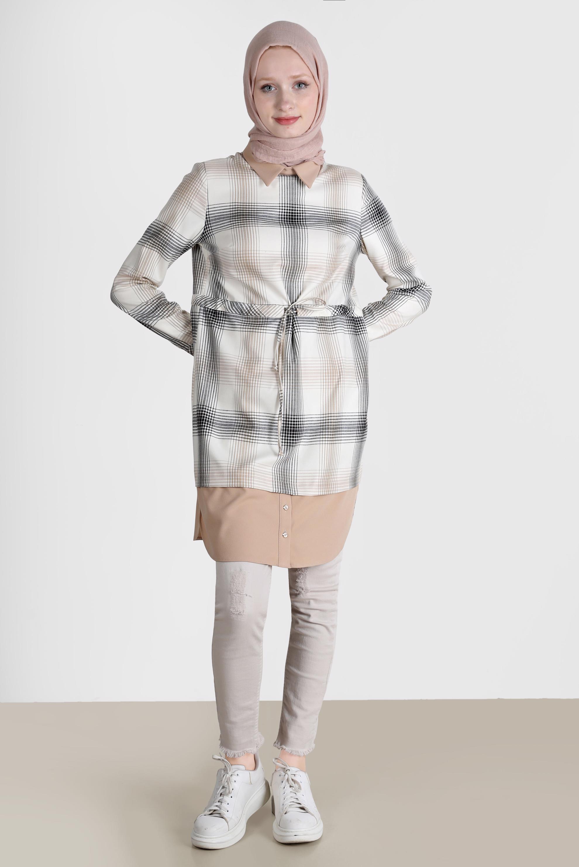 Tesettür giyim BEJ BELİ BÜZGÜLÜ EKOSE DESEN TUNİK 42738