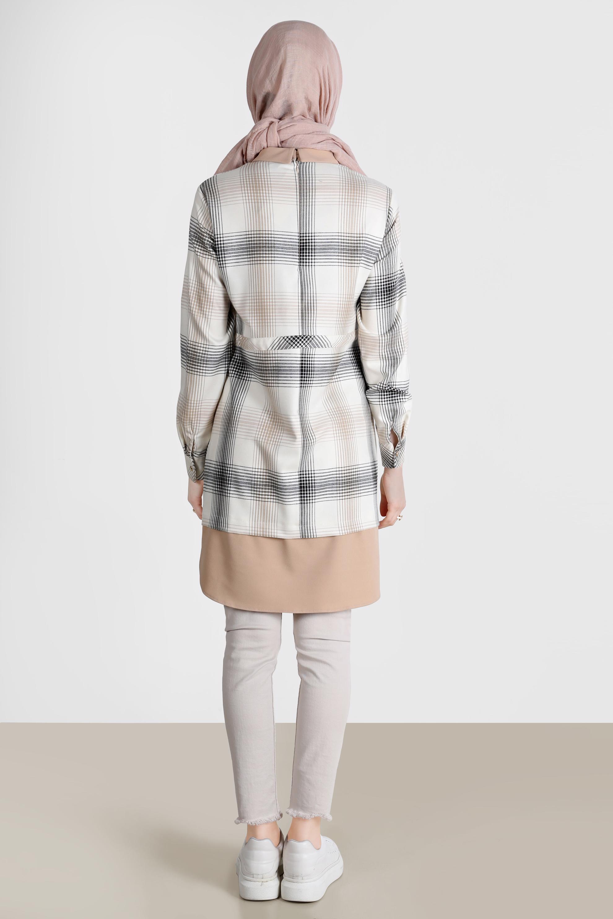 Tesettür giyim BEJ BELİ BÜZGÜLÜ EKOSE DESEN TUNİK 42738