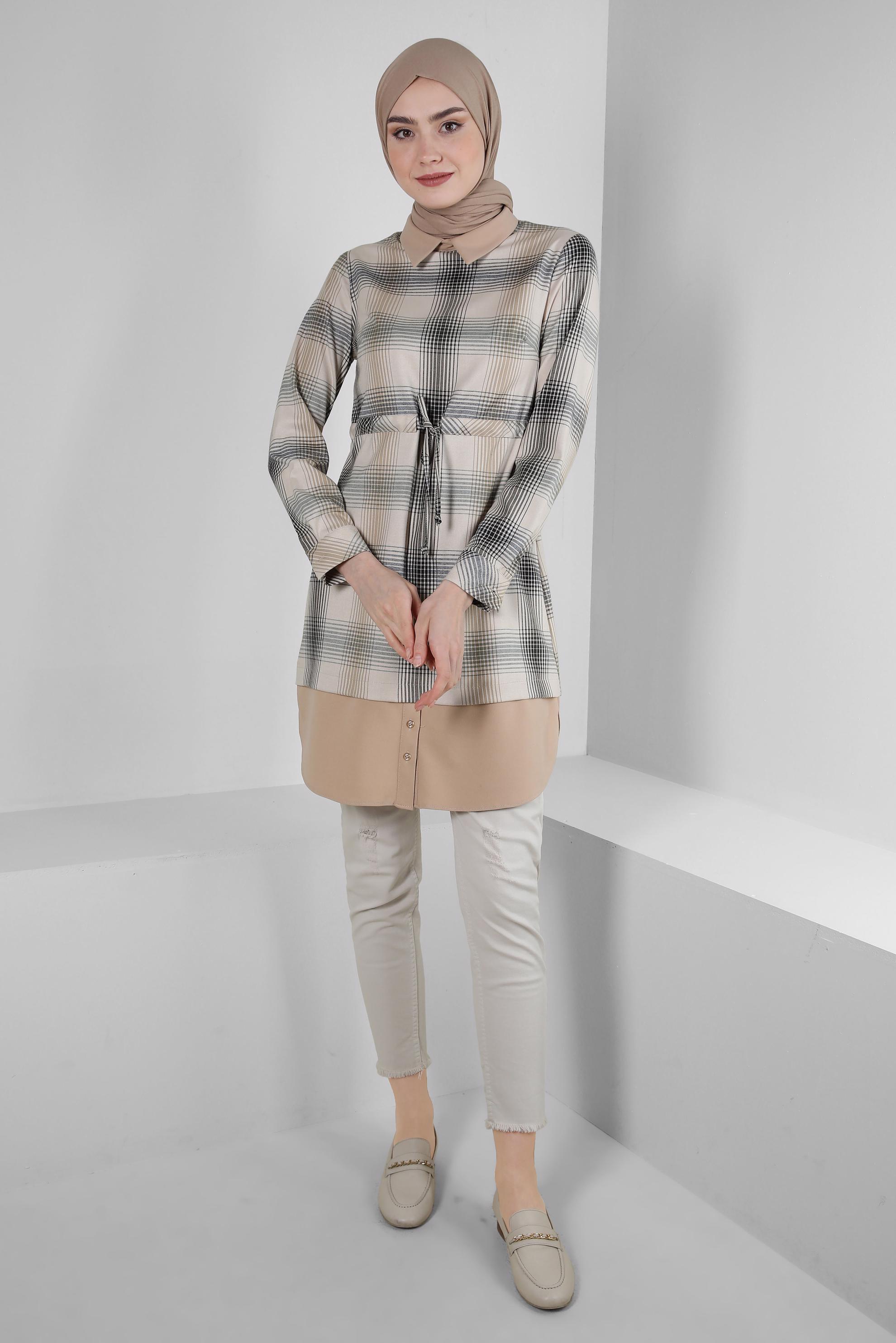 Tesettür giyim KAHVE BELİ BÜZGÜLÜ EKOSE DESEN TUNİK 42738