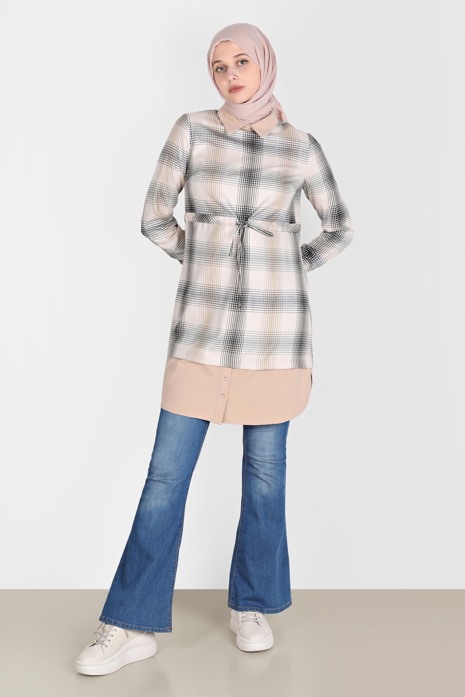 Tesettür giyim EKRU BELİ BÜZGÜLÜ EKOSE DESEN TUNİK 42738