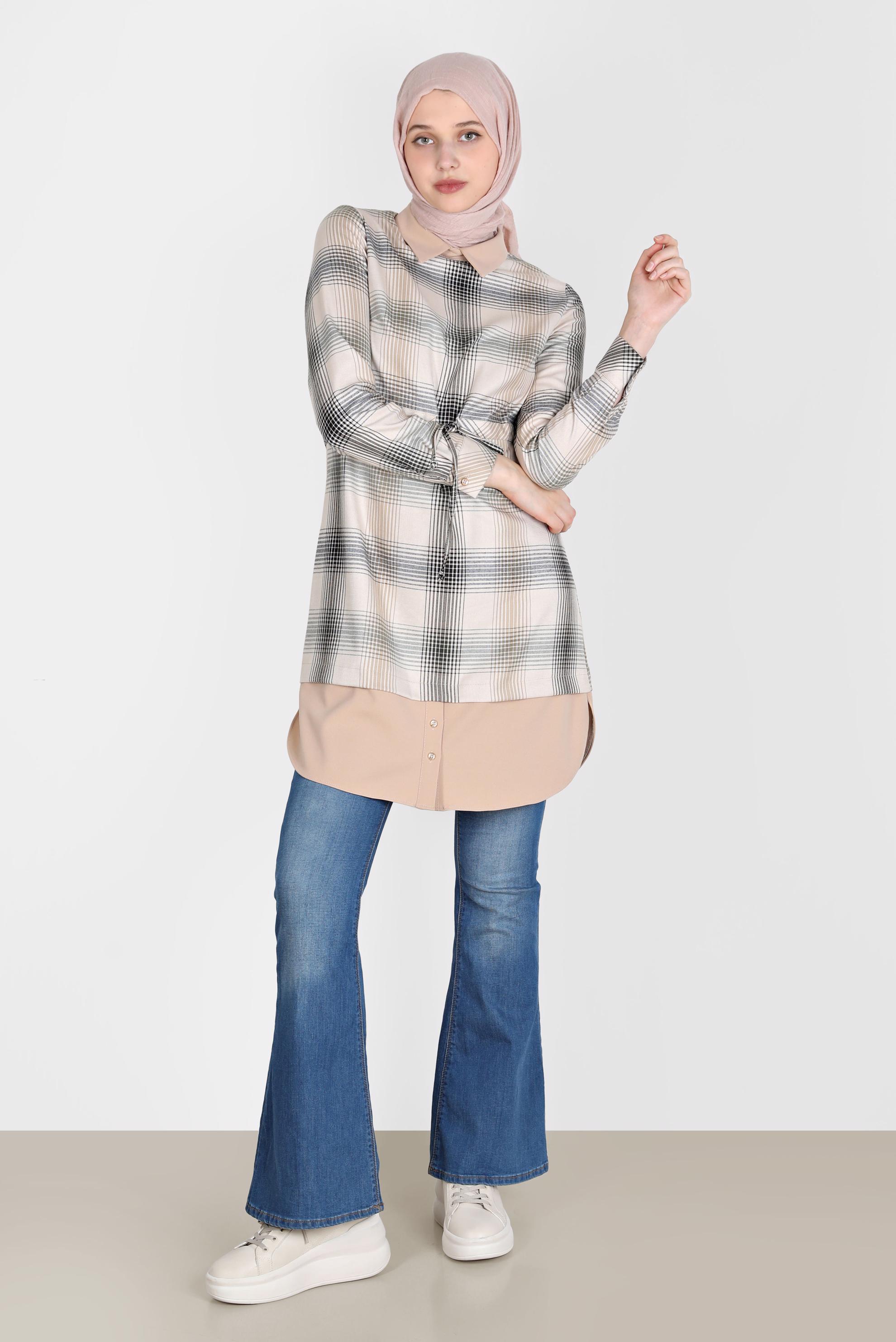 Tesettür giyim EKRU BELİ BÜZGÜLÜ EKOSE DESEN TUNİK 42738