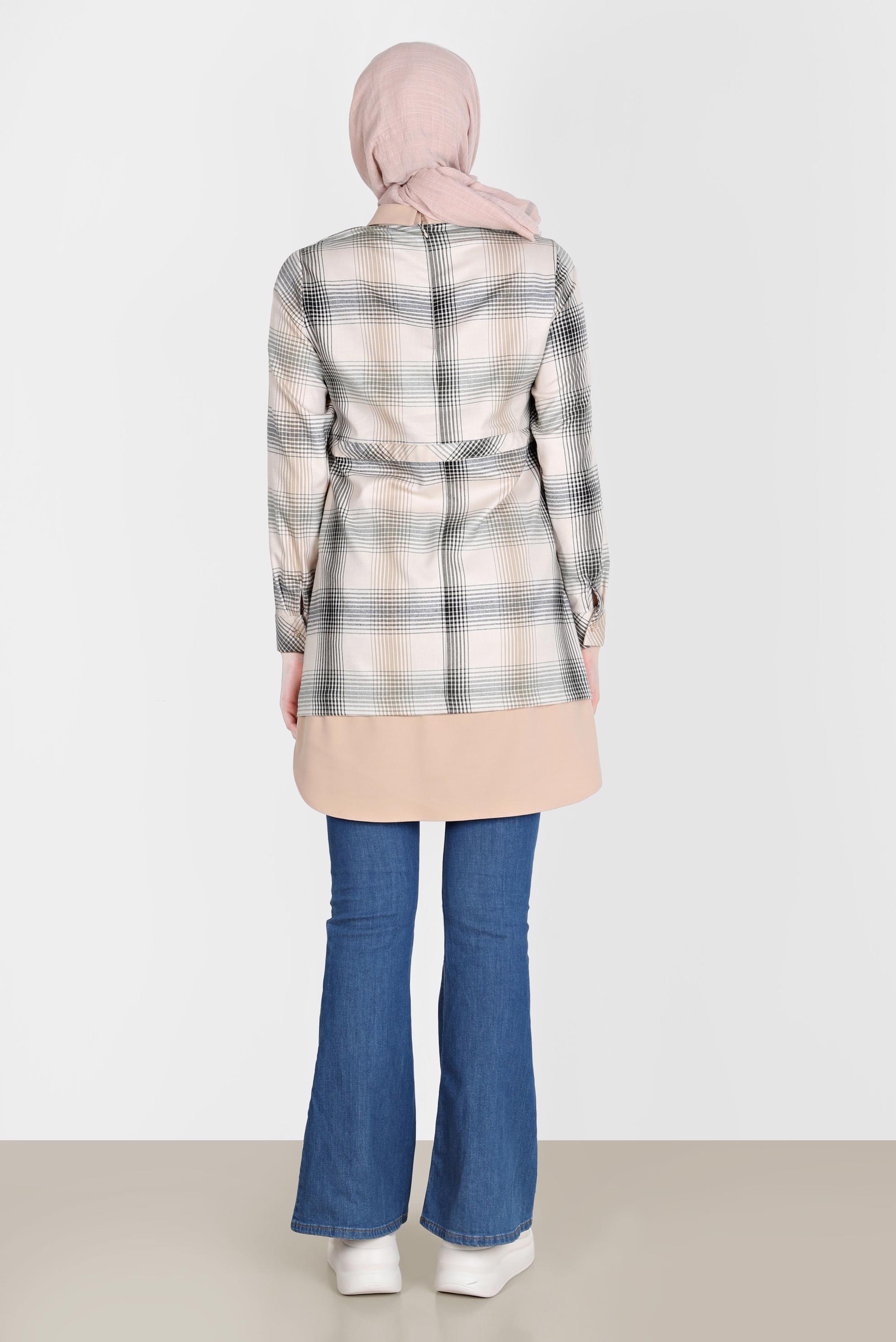 Tesettür giyim EKRU BELİ BÜZGÜLÜ EKOSE DESEN TUNİK 42738