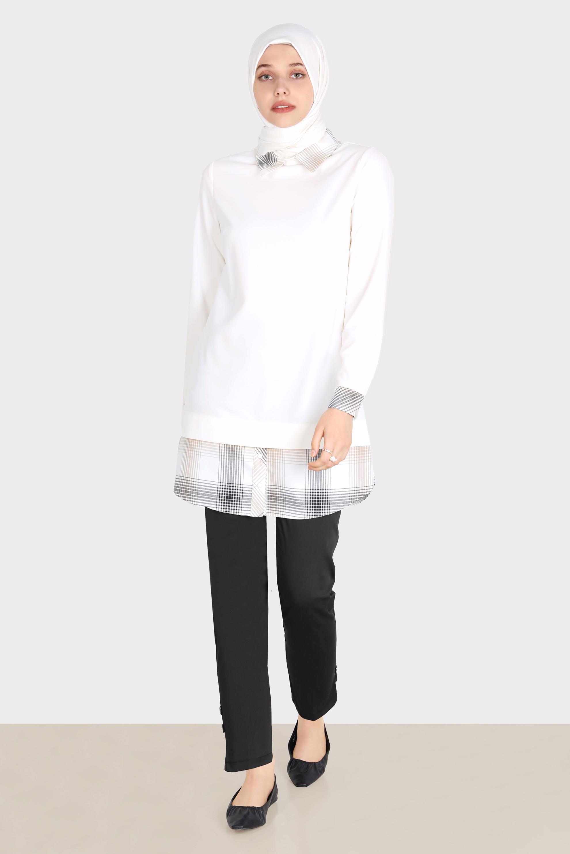 Tesettür giyim BEYAZ EKOSE DESEN DETAYLI TUNİK 42739 