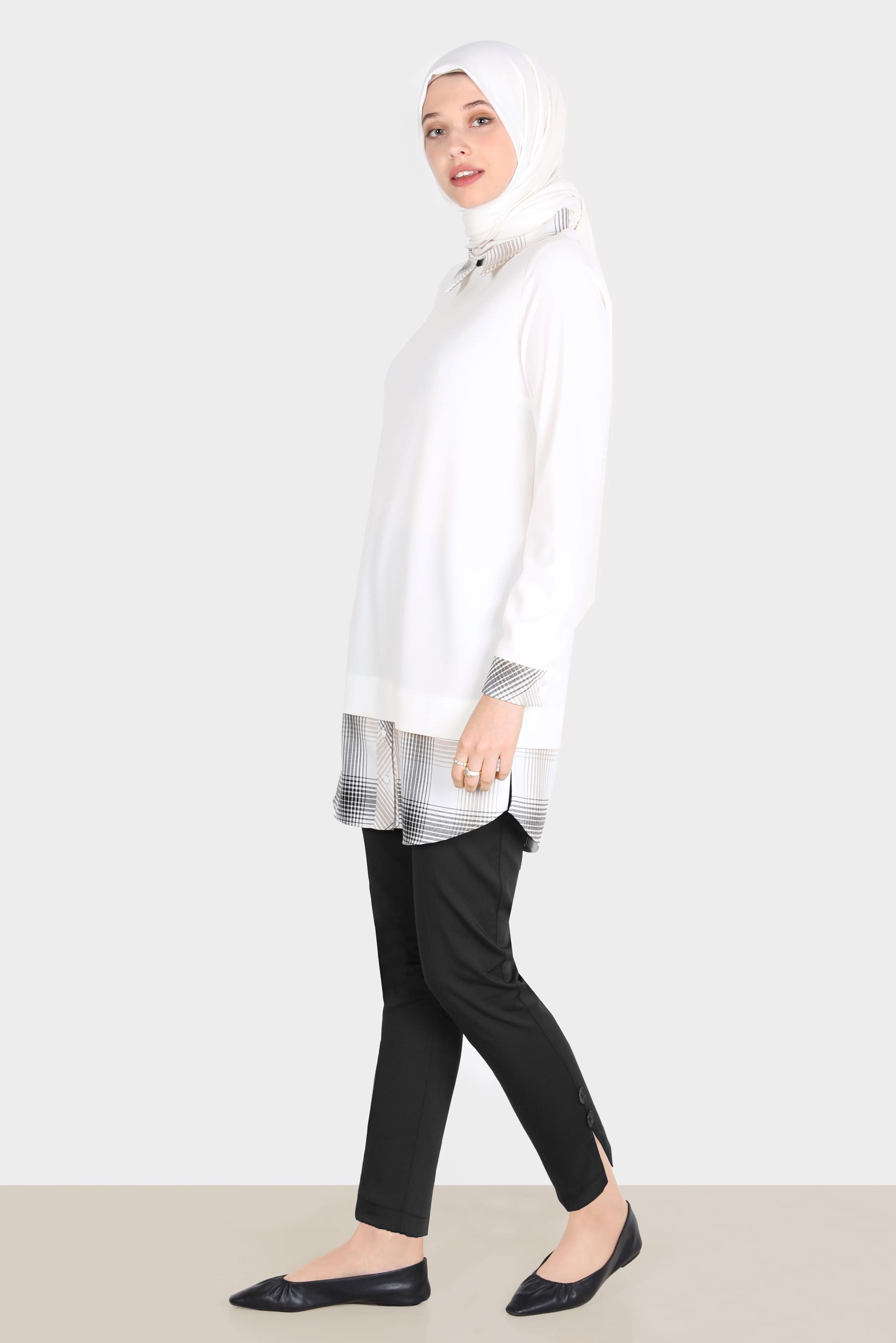 Tesettür giyim BEYAZ EKOSE DESEN DETAYLI TUNİK 42739 