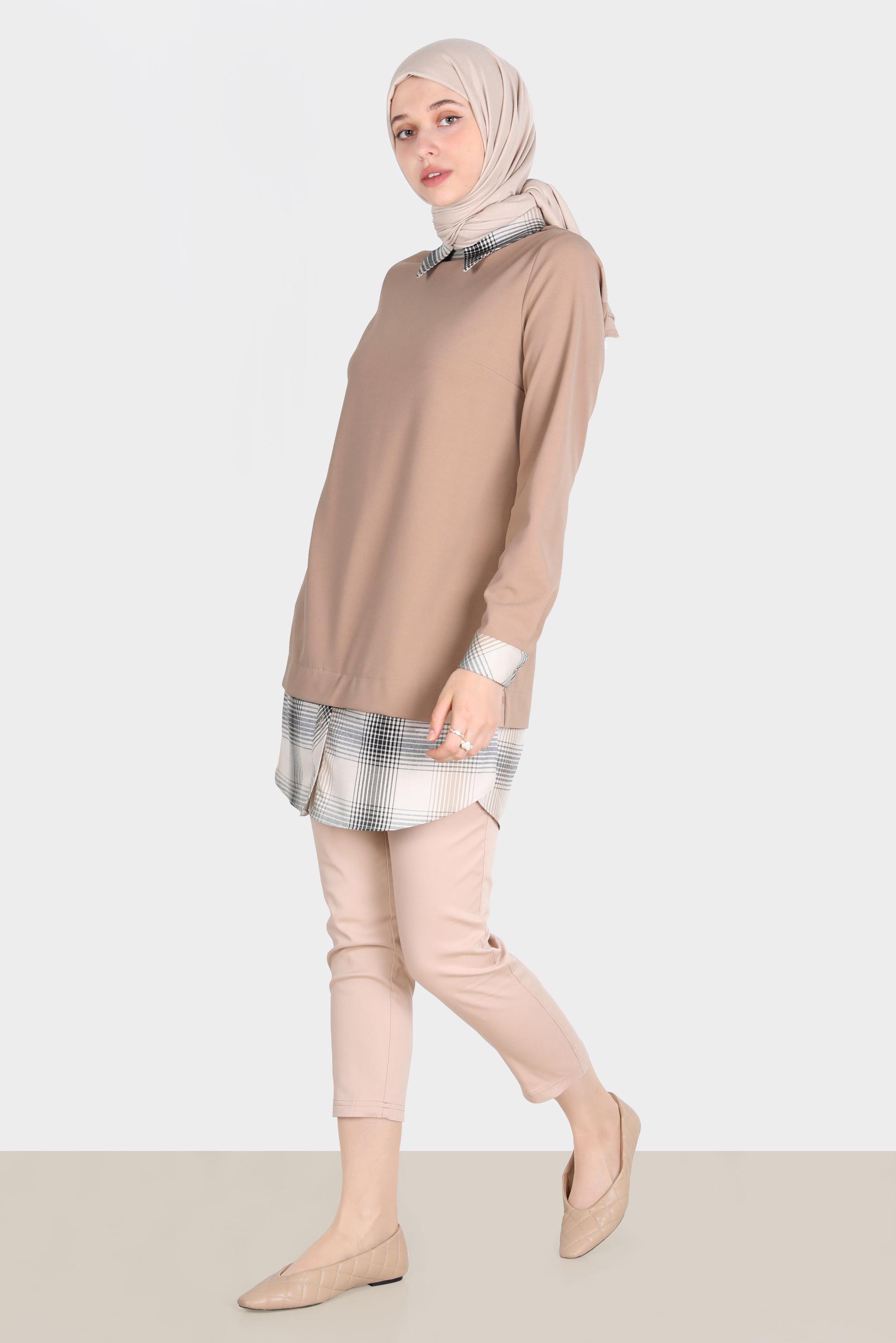 Tesettür giyim BEJ EKOSE DESEN DETAYLI TUNİK 42739 