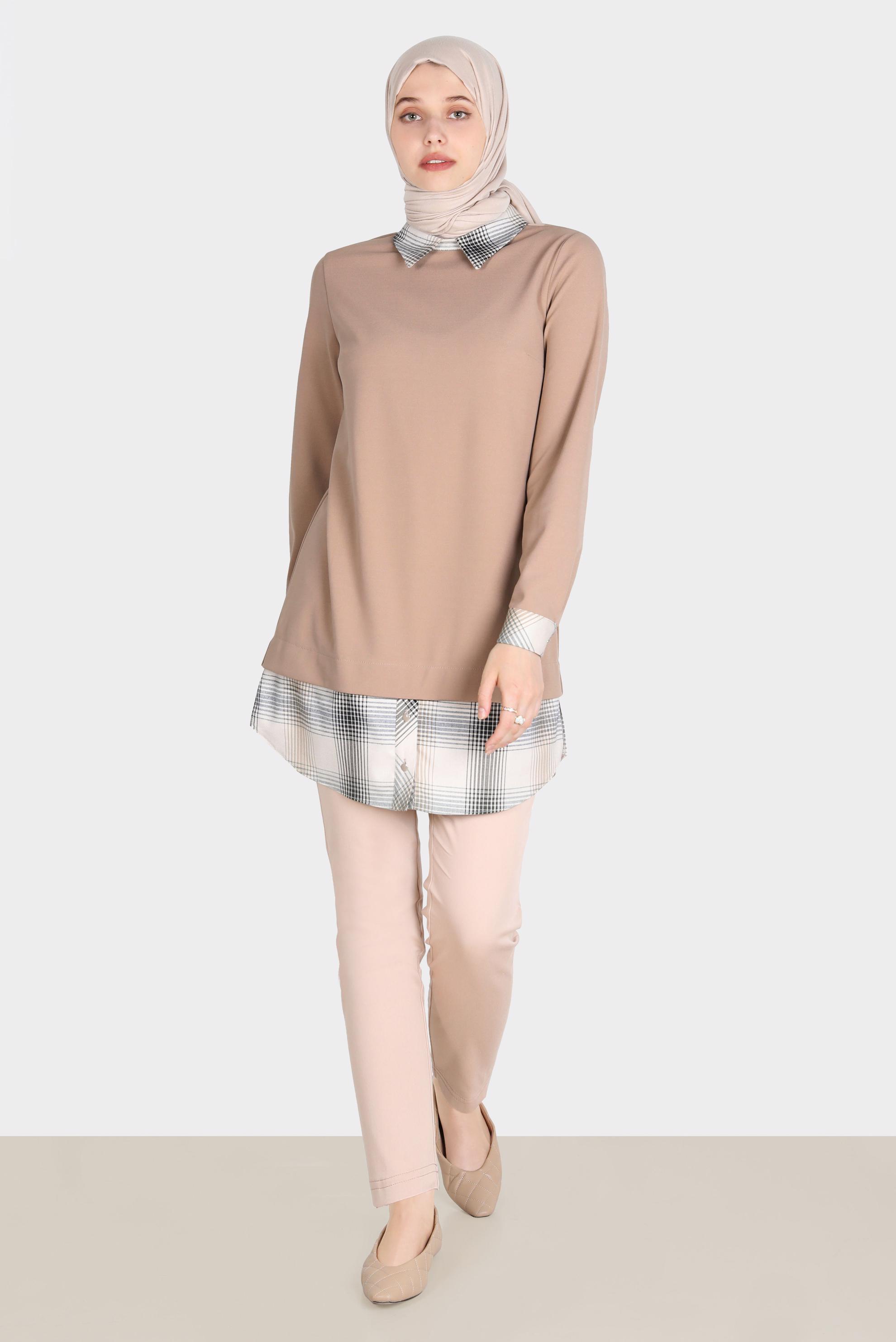 Tesettür giyim BEJ EKOSE DESEN DETAYLI TUNİK 42739 