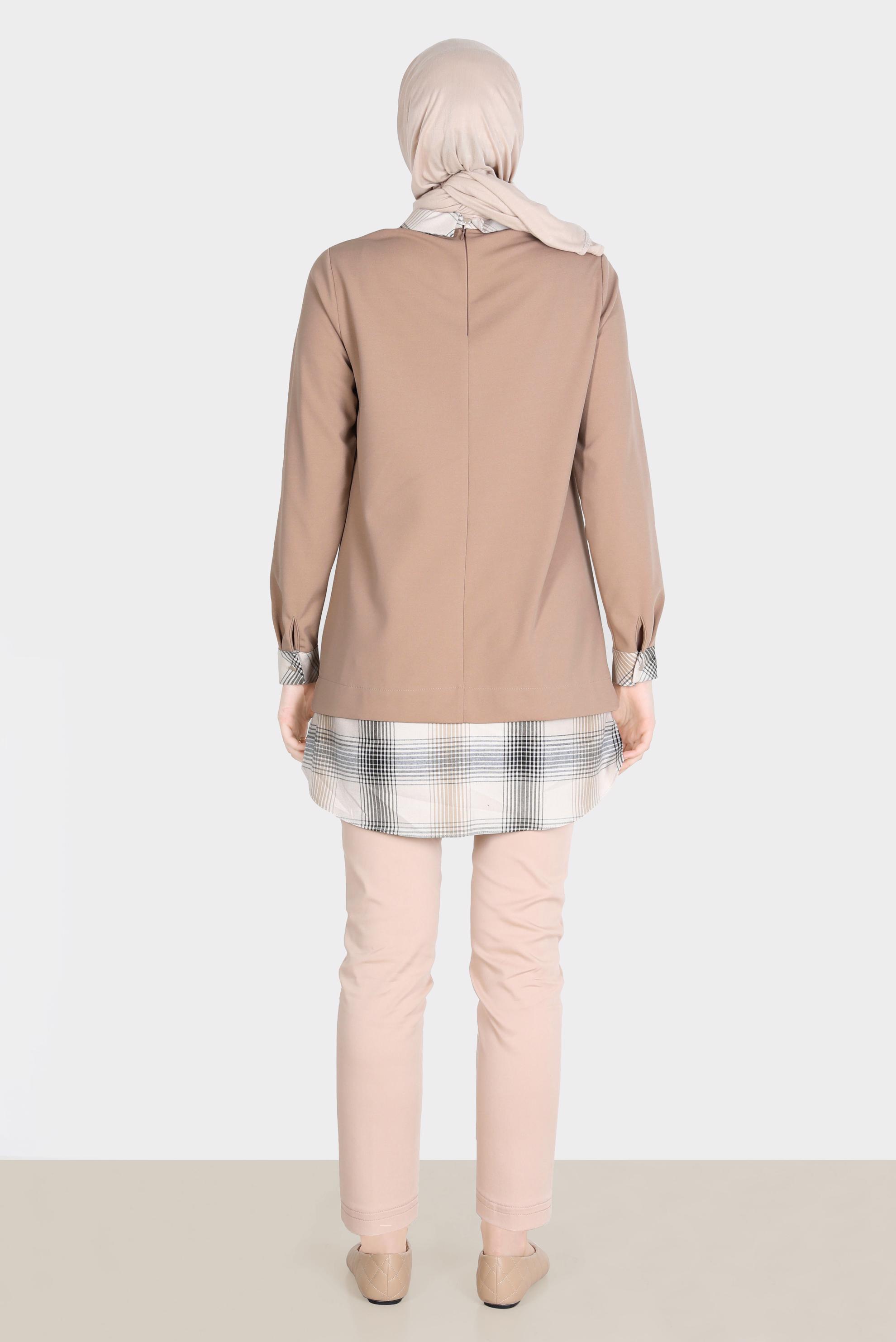 Tesettür giyim BEJ EKOSE DESEN DETAYLI TUNİK 42739 