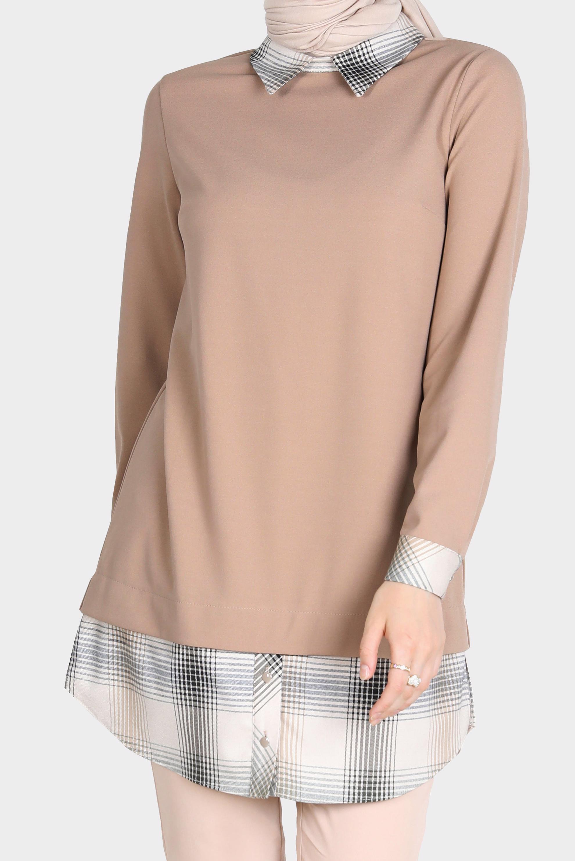 Tesettür giyim BEJ EKOSE DESEN DETAYLI TUNİK 42739 