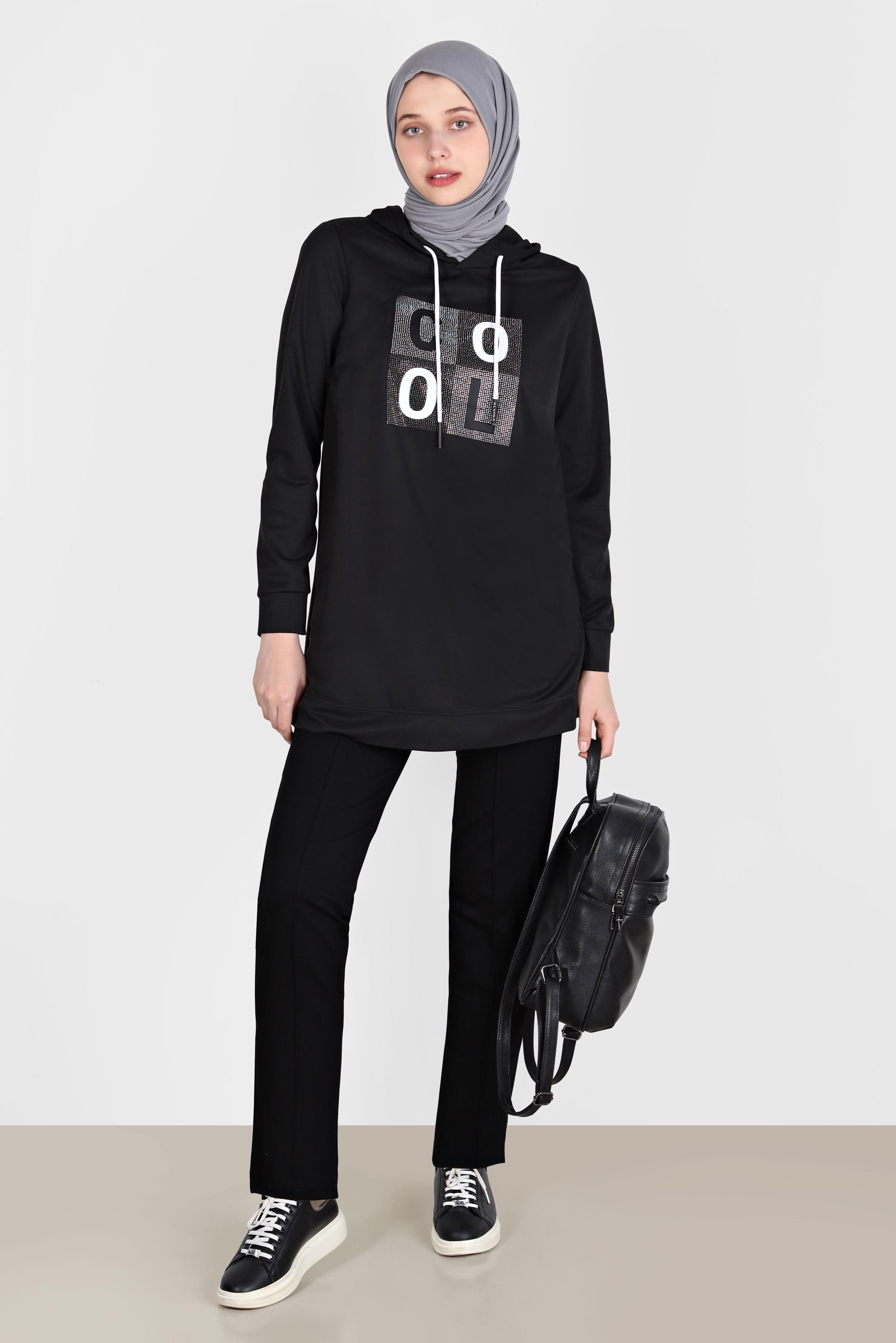 Tesettür giyim SİYAH TAŞ BASKILI EŞOFMAN TUNİK 42741	