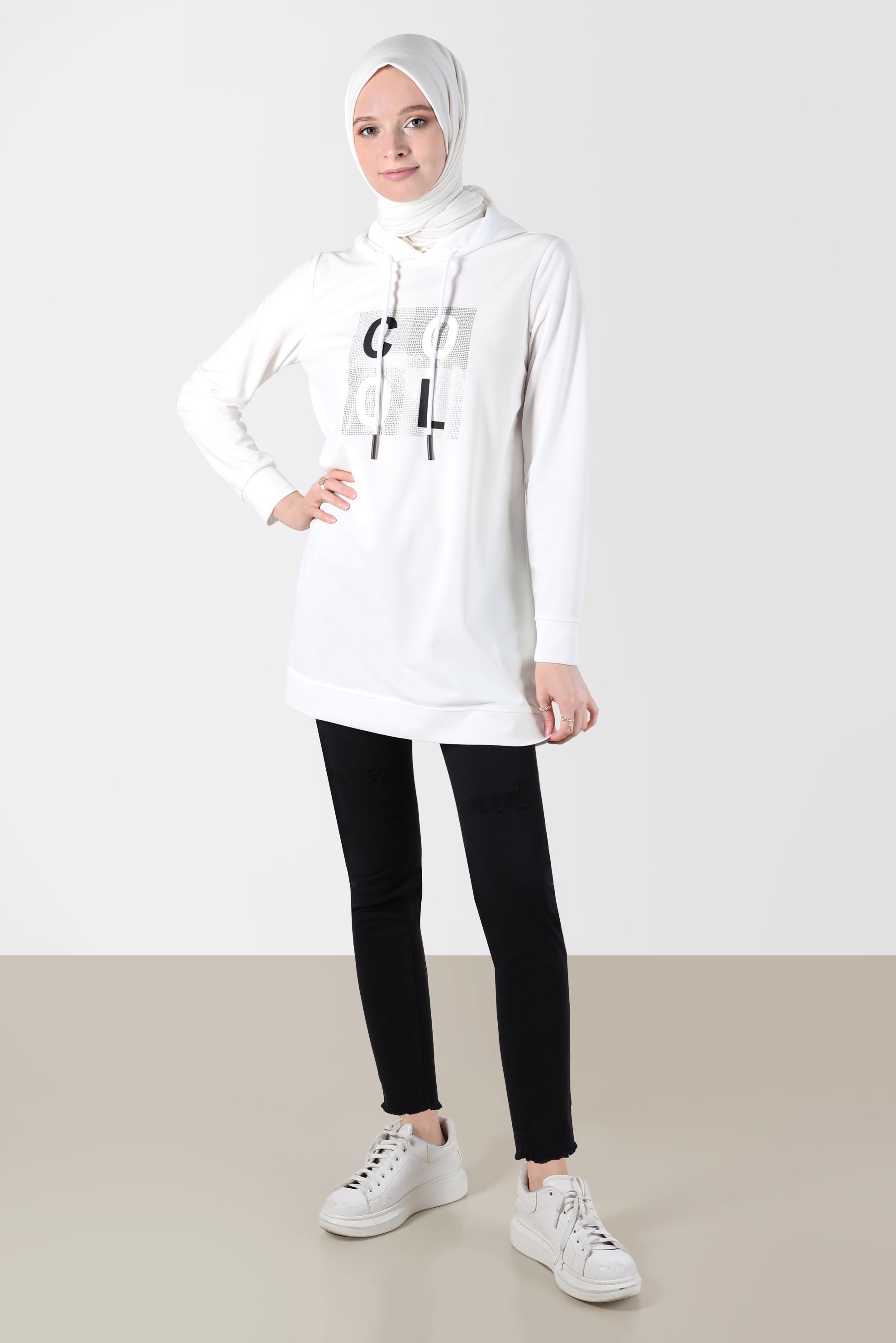 Tesettür giyim BEYAZ TAŞ BASKILI EŞOFMAN TUNİK 42741	