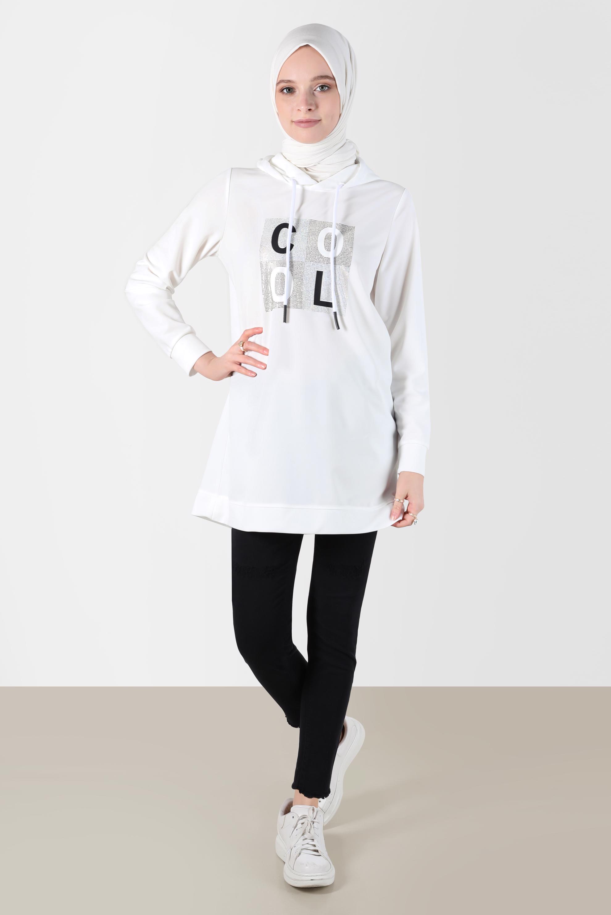 Tesettür giyim BEYAZ TAŞ BASKILI EŞOFMAN TUNİK 42741	