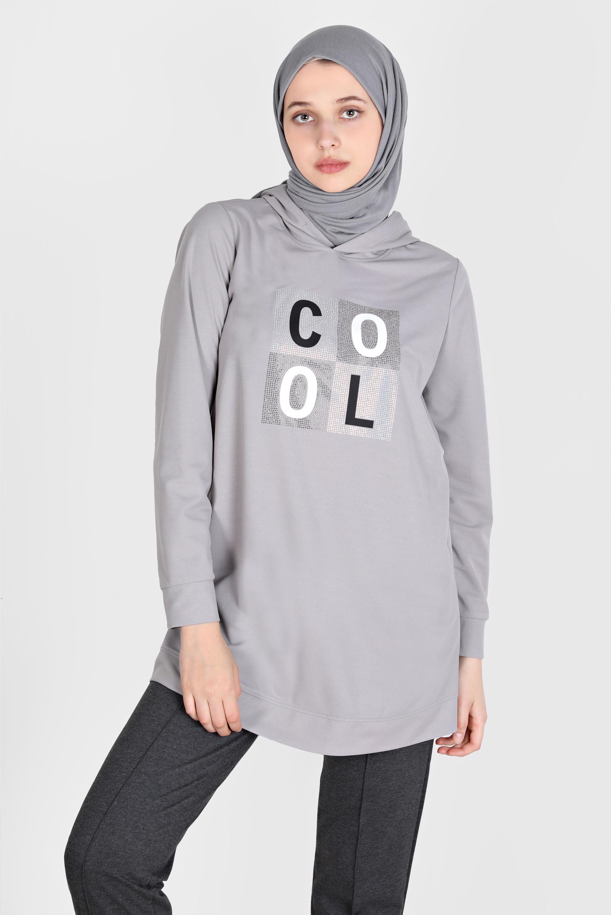 Tesettür giyim GRİ TAŞ BASKILI EŞOFMAN TUNİK 42741	